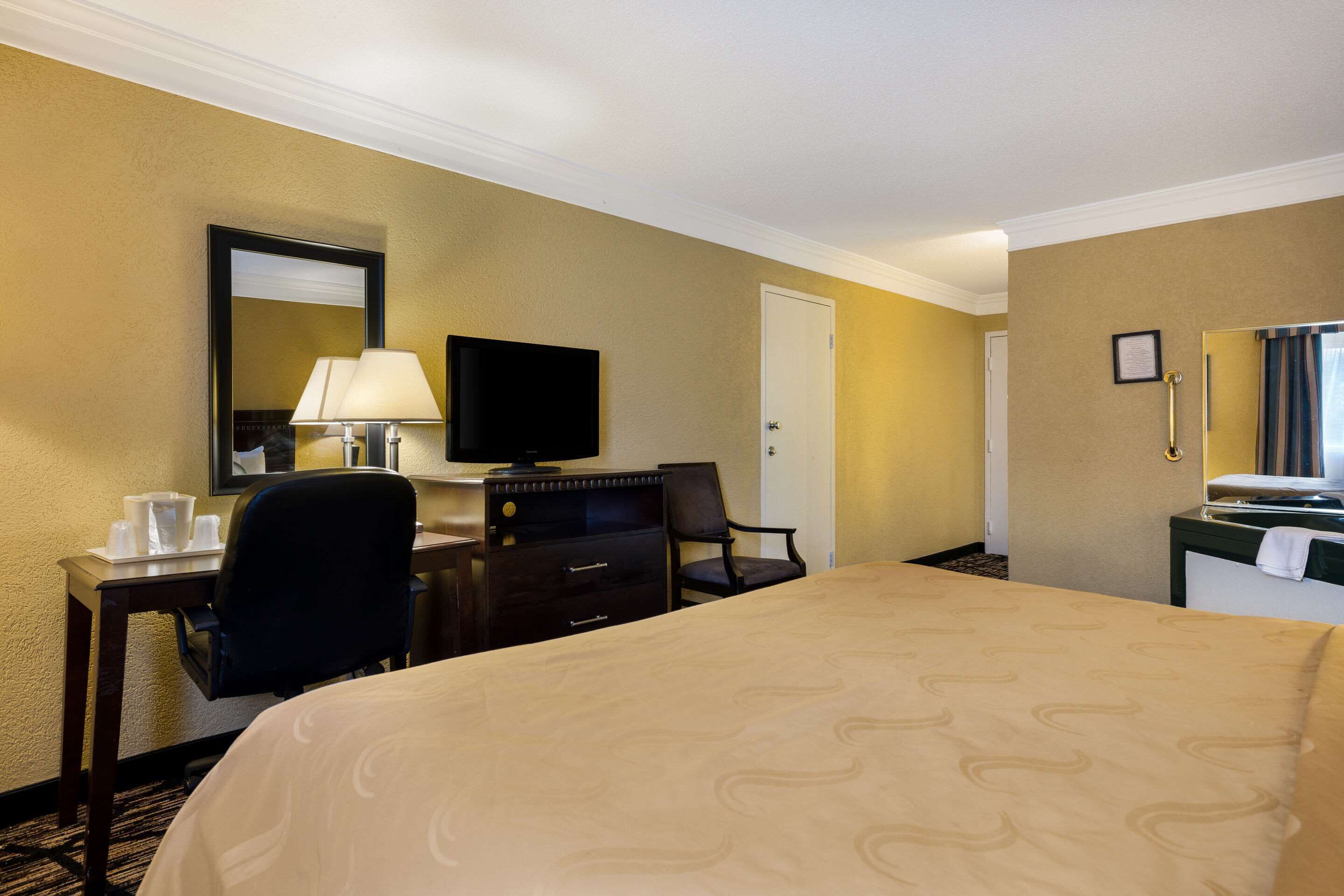 Una camera d'albergo con un letto, una scrivania con un computer, una sedia, un televisore e una porta.