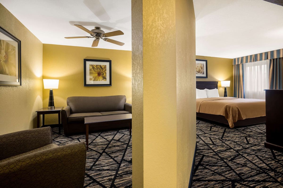A hotel room with a ceiling fan, a sofa, a bed with a beige bedspread, a patterned carpet, and framed artwork on the walls.