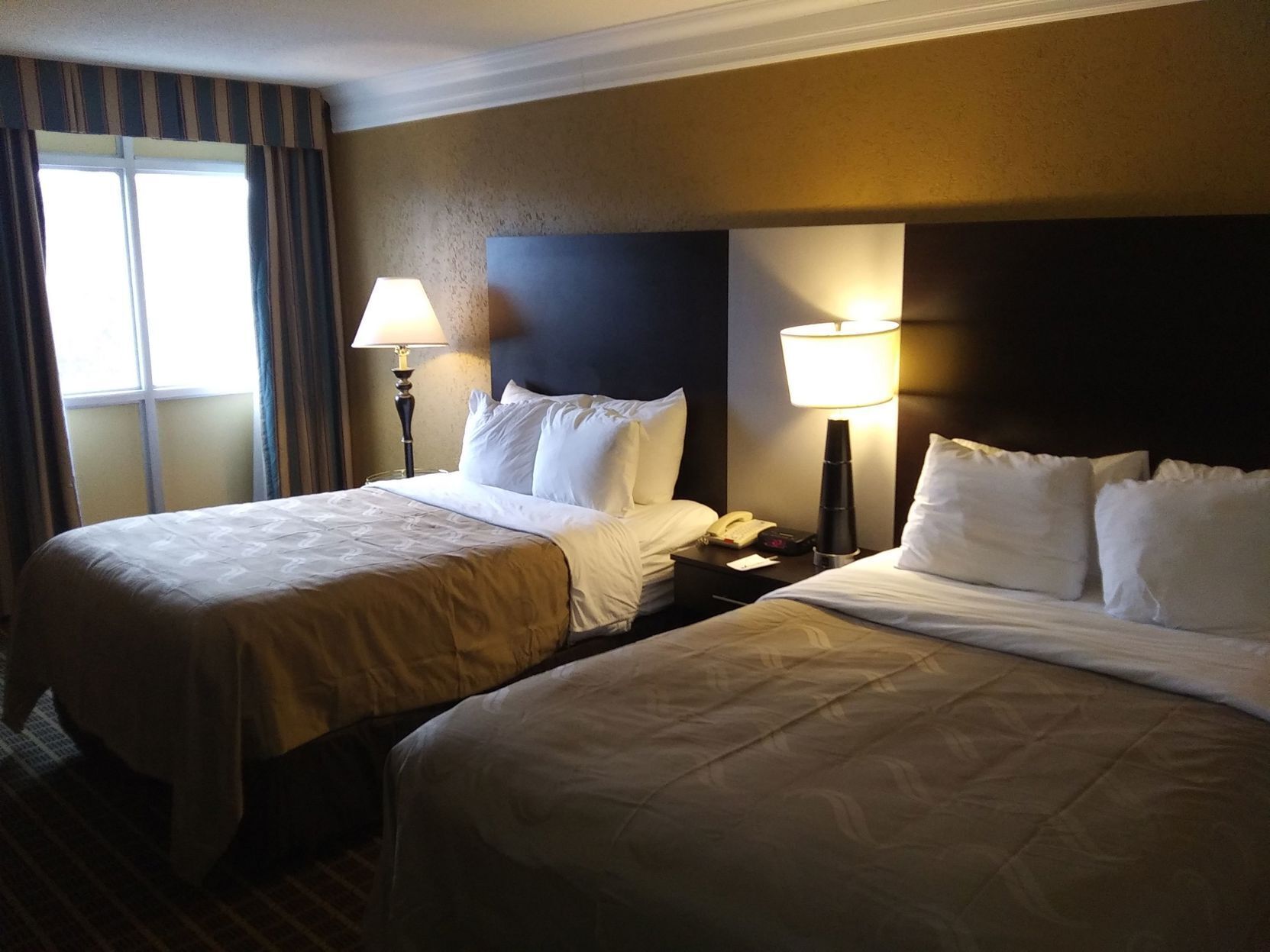 Premium bedding, desk, laptop workspace, iron/ironing board