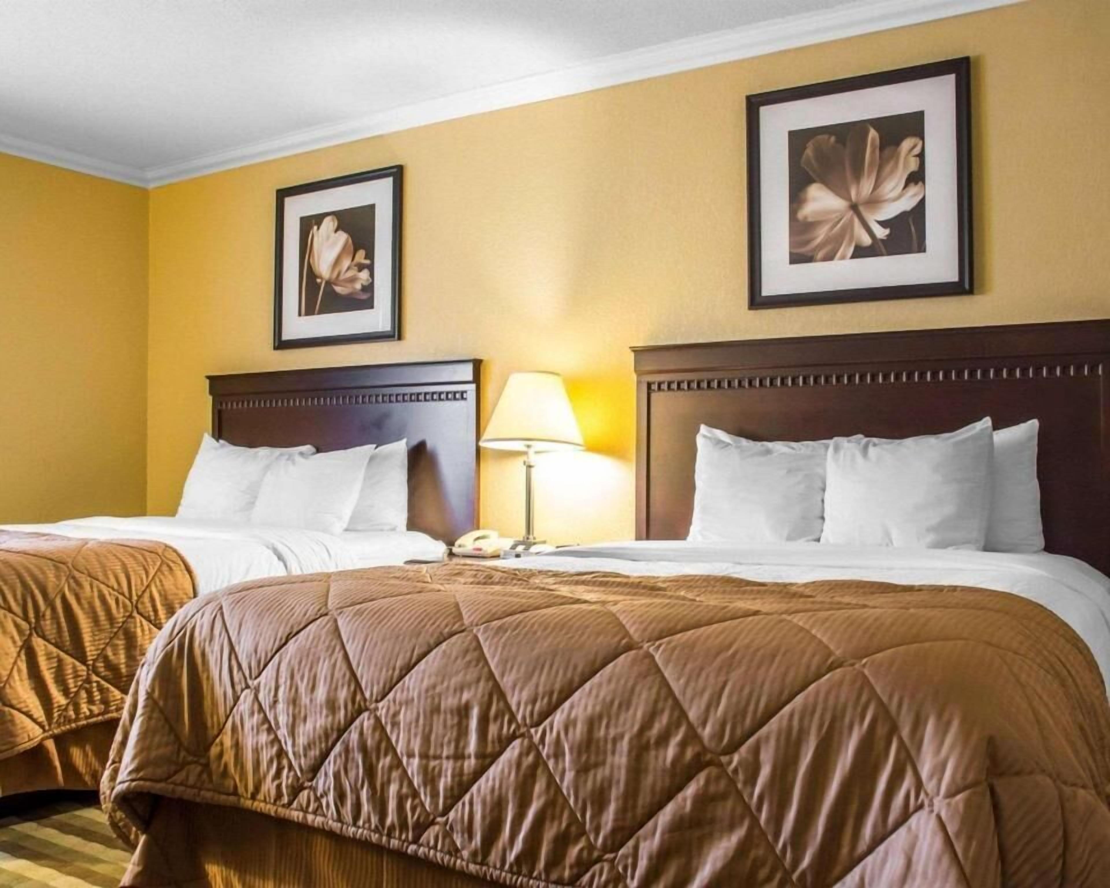 Premium bedding, desk, laptop workspace, iron/ironing board