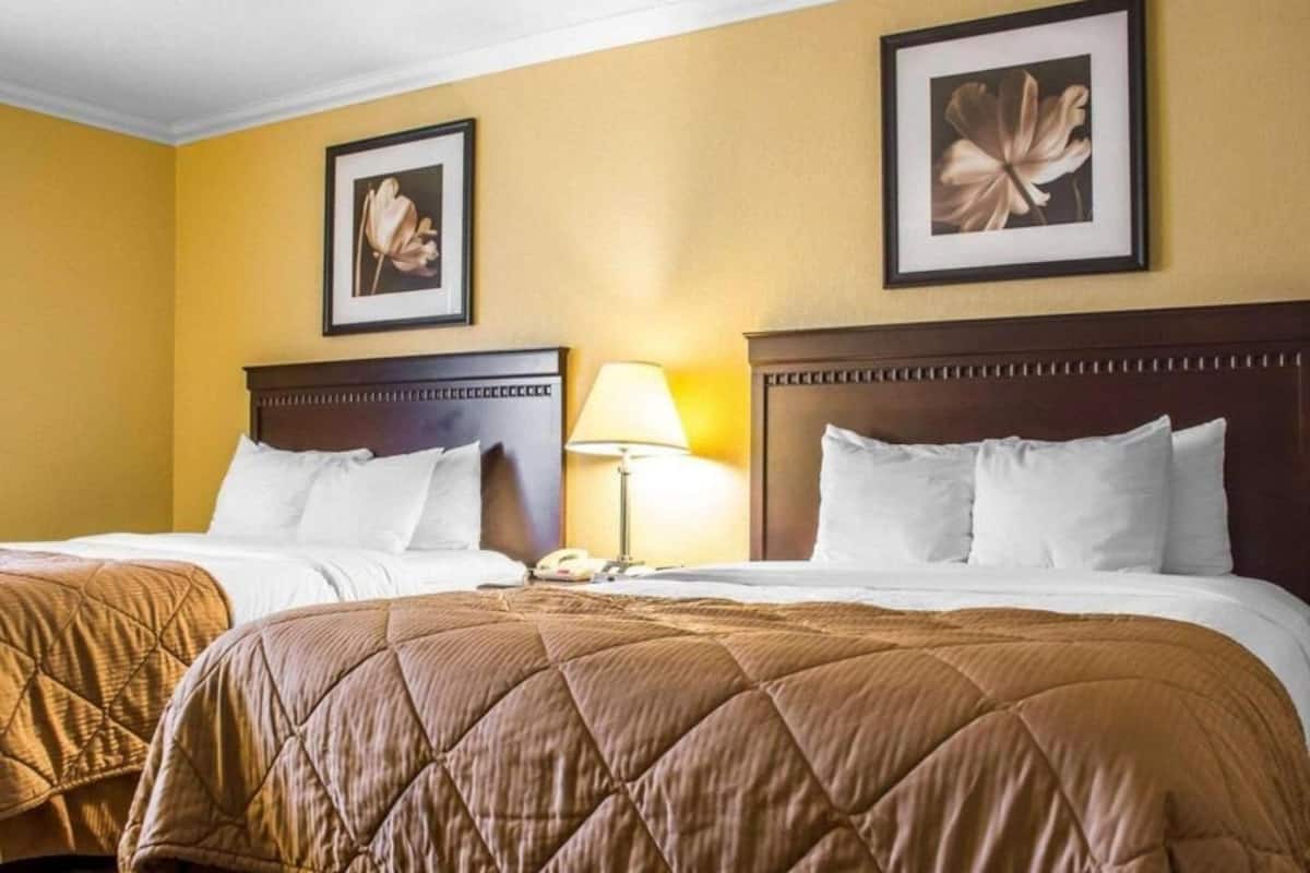 Premium bedding, desk, laptop workspace, iron/ironing board