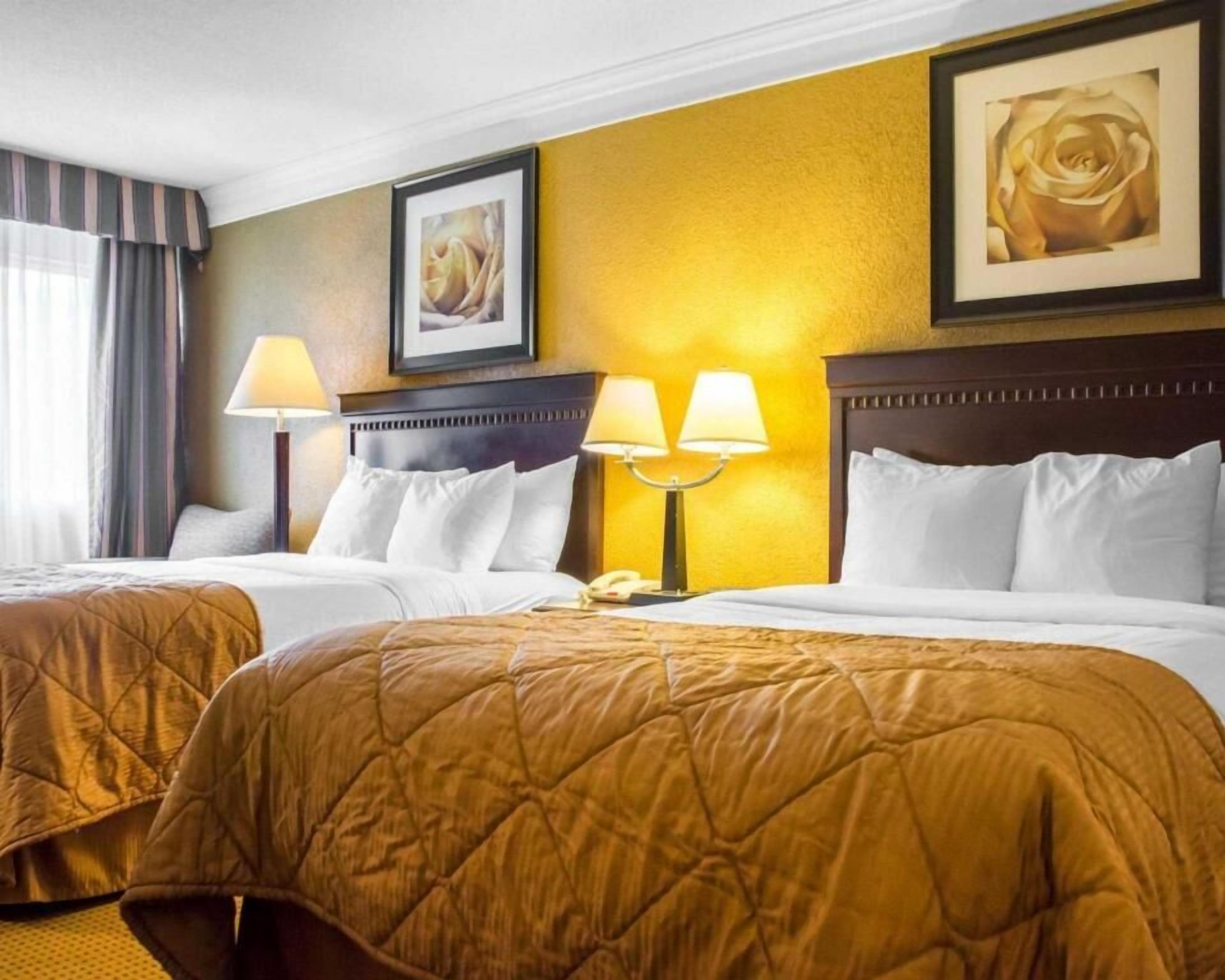 Premium bedding, desk, laptop workspace, iron/ironing board