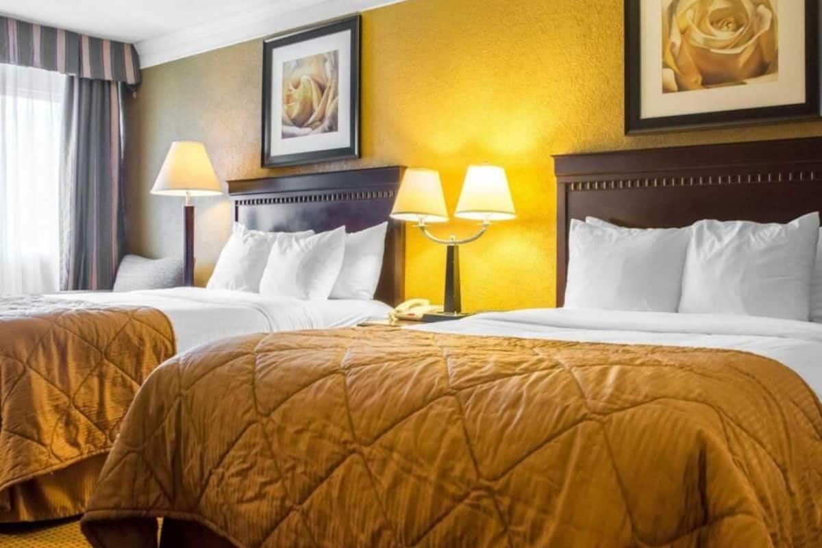 Premium bedding, desk, laptop workspace, iron/ironing board