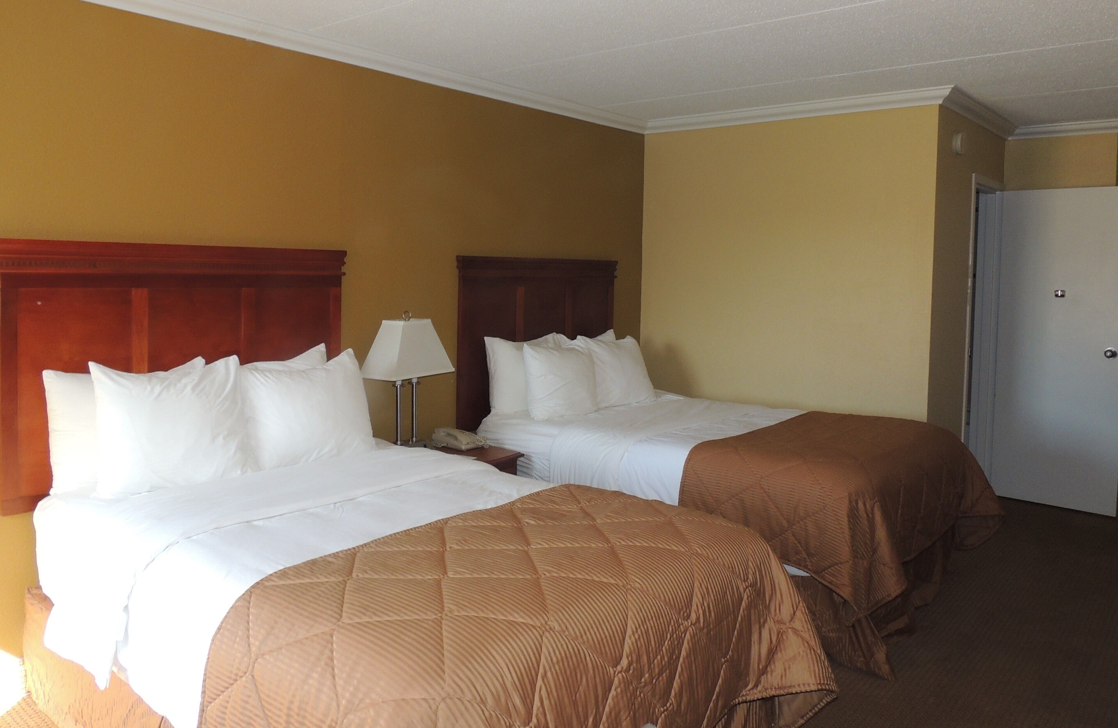 A hotel room with two beds, a nightstand, a lamp, and a door.