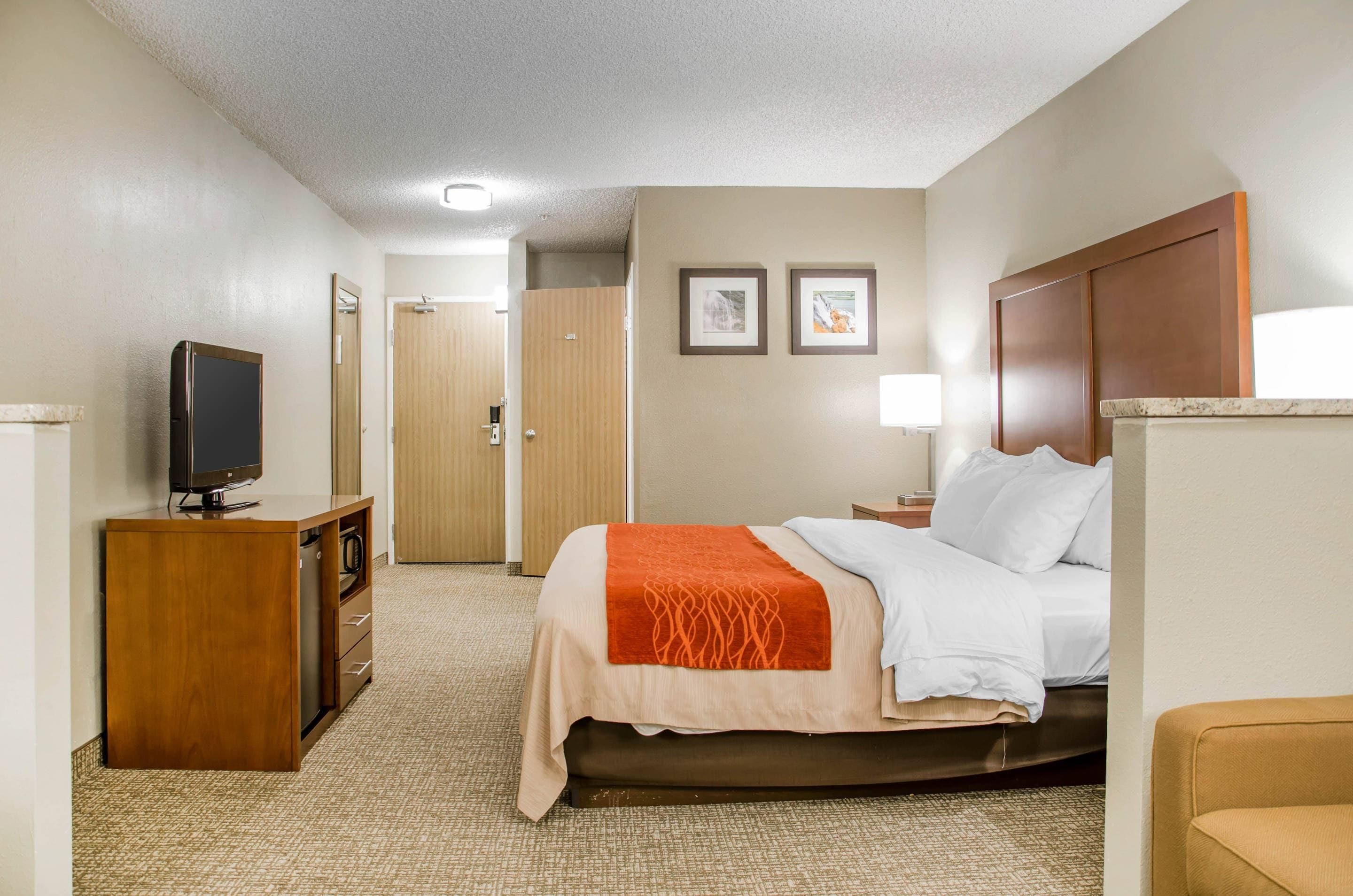 A hotel room with a bed, a desk with a television, a door, and two framed pictures on the wall.