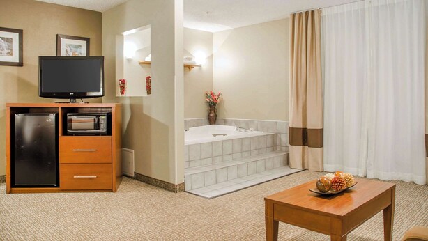 A hotel room with a television, microwave, refrigerator, and a small table with a fruit bowl. - Comfort Inn Idaho Falls I-15 (Idaho Falls)