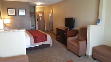 A hotel room with a bed, a TV, a chair, a desk, and a dresser.