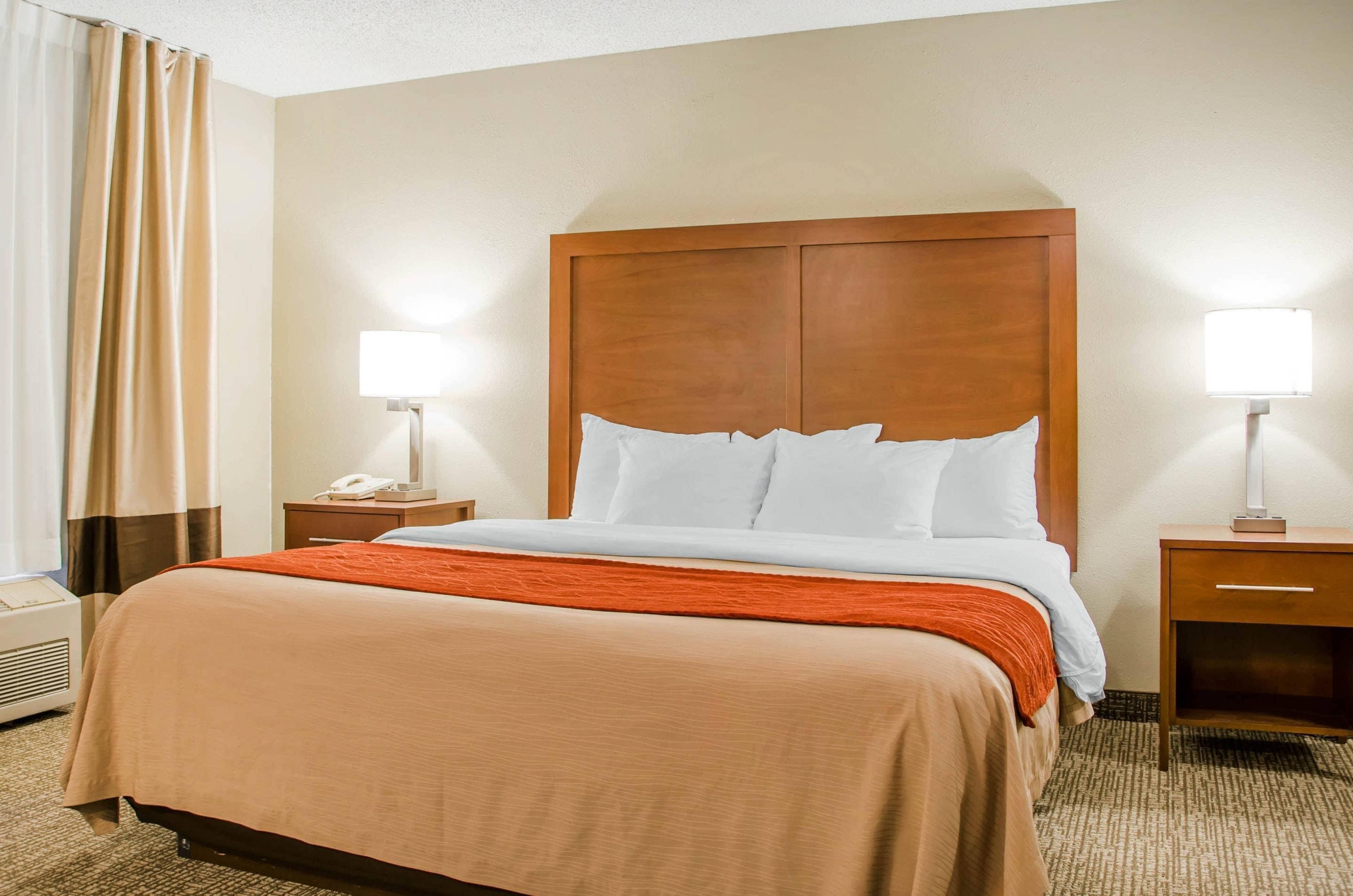A hotel room with a bed, two bedside tables, a nightstand, a lamp, and a telephone.
