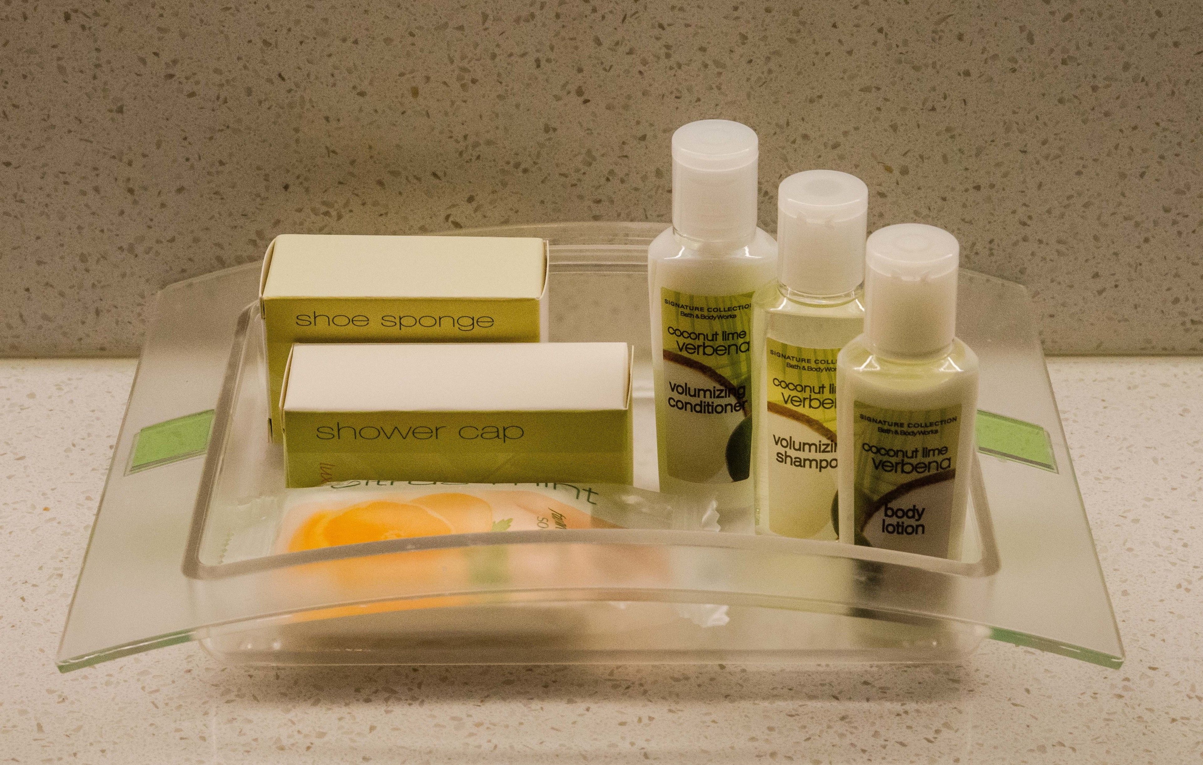 combined shower/bathtub, free toiletries, hair dryer, towels