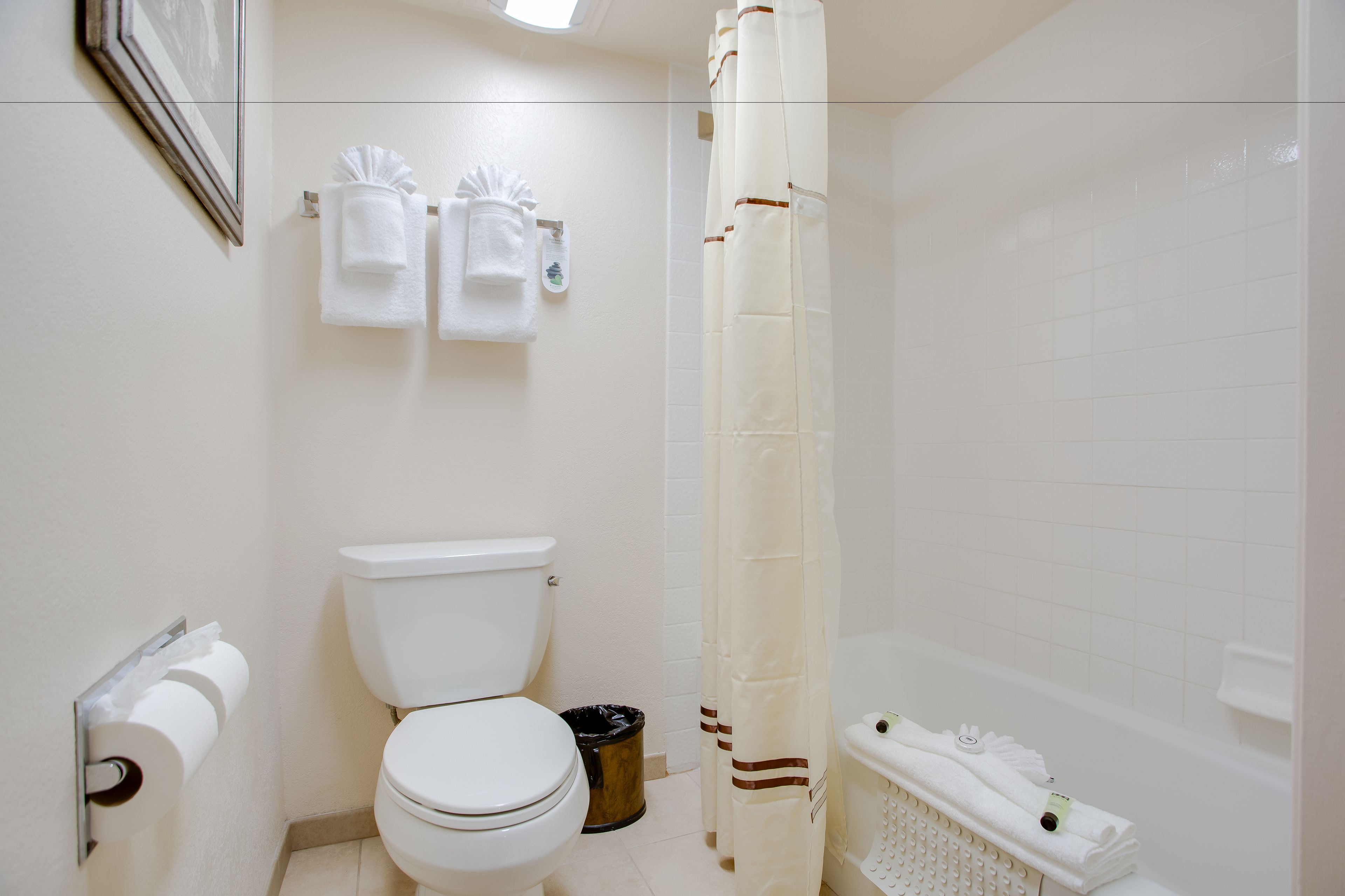 combined shower/bathtub, eco-friendly toiletries, hair dryer, towels
