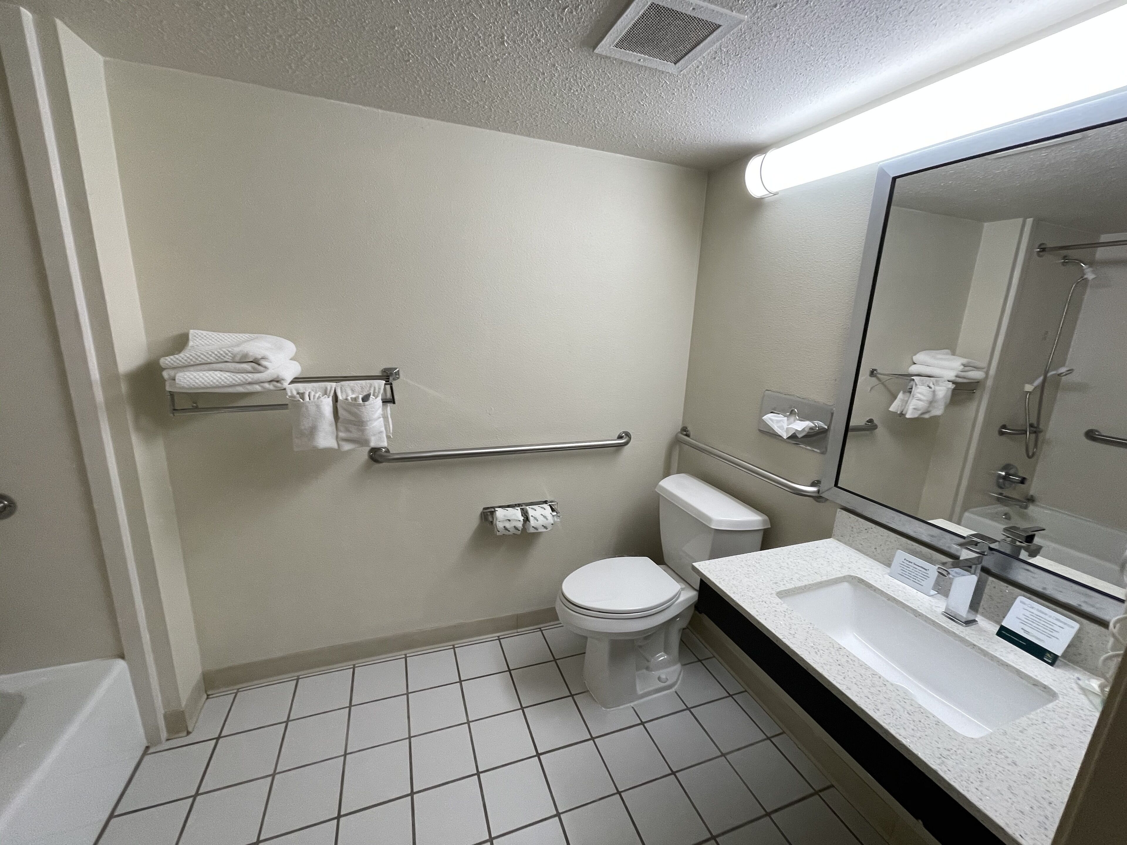 A bathroom with a toilet, sink, and handrails.