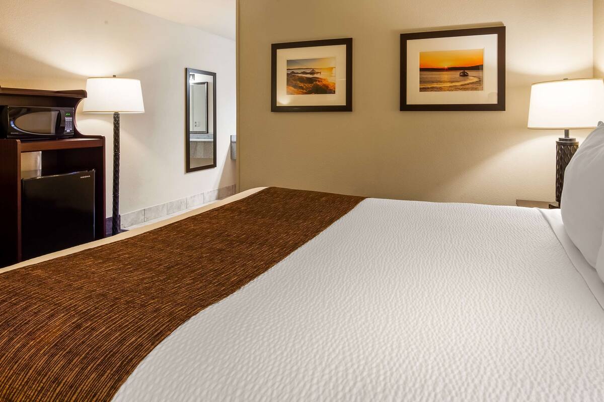 Een hotelkamer met een bed, twee ingelijste foto’s aan de muur, een nachtkastje met een lamp, een dressoir met een spiegel en een magnetron.