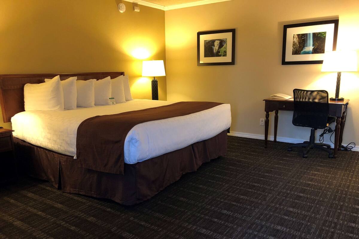 Een hotelkamer met een groot bed, een bureau met stoel en twee wandlampen.