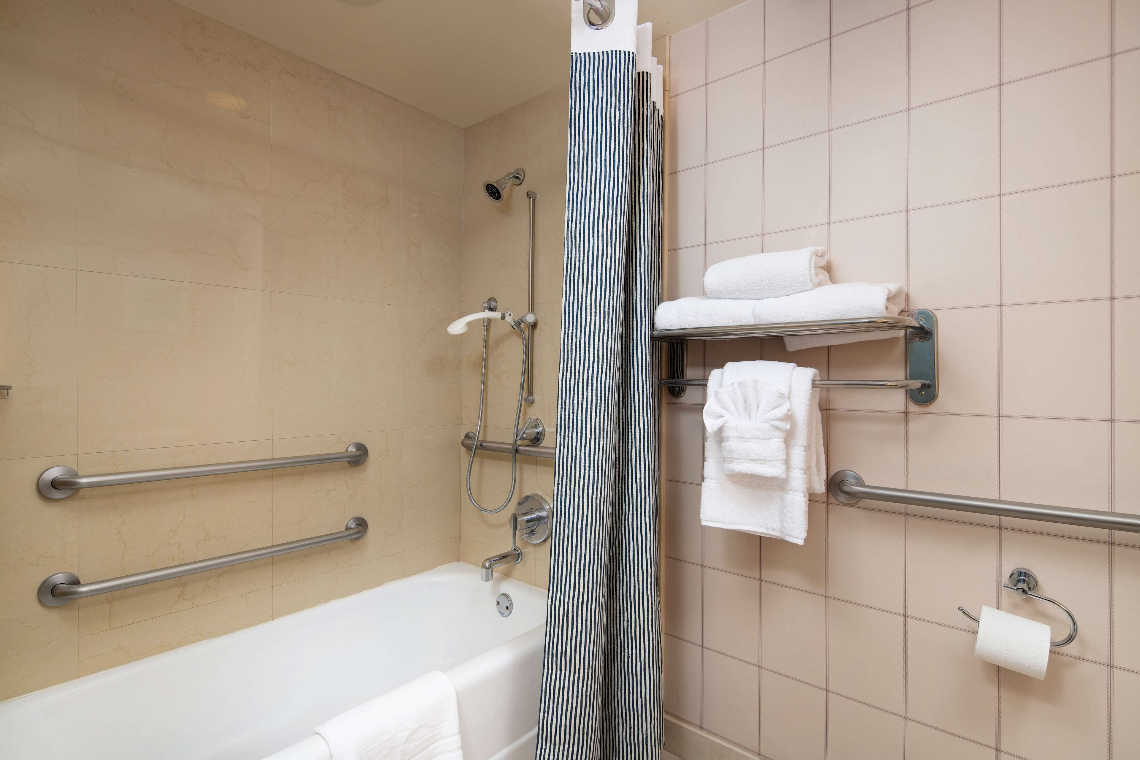 combined shower/bathtub, free toiletries, hair dryer, towels
