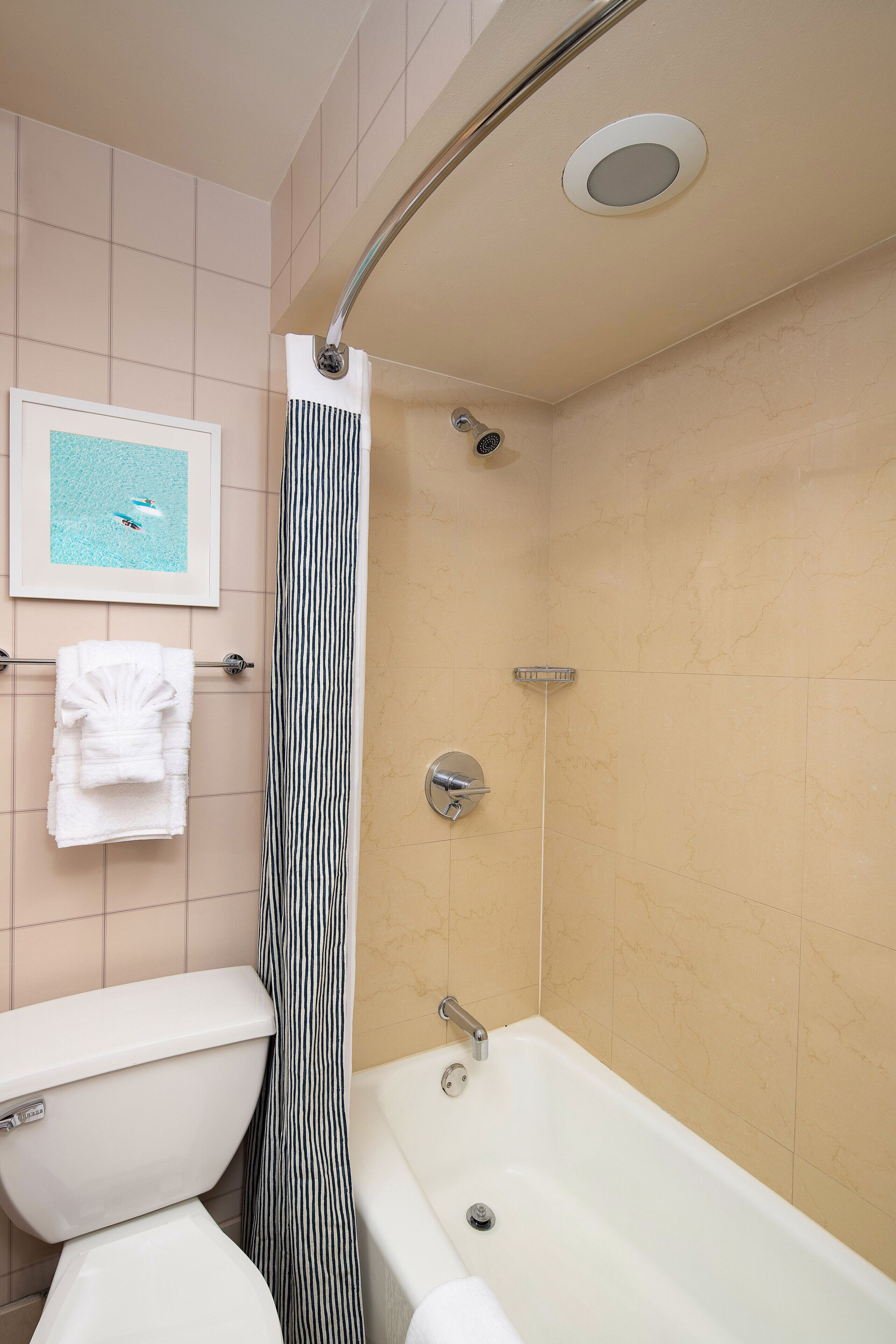 combined shower/bathtub, free toiletries, hair dryer, towels