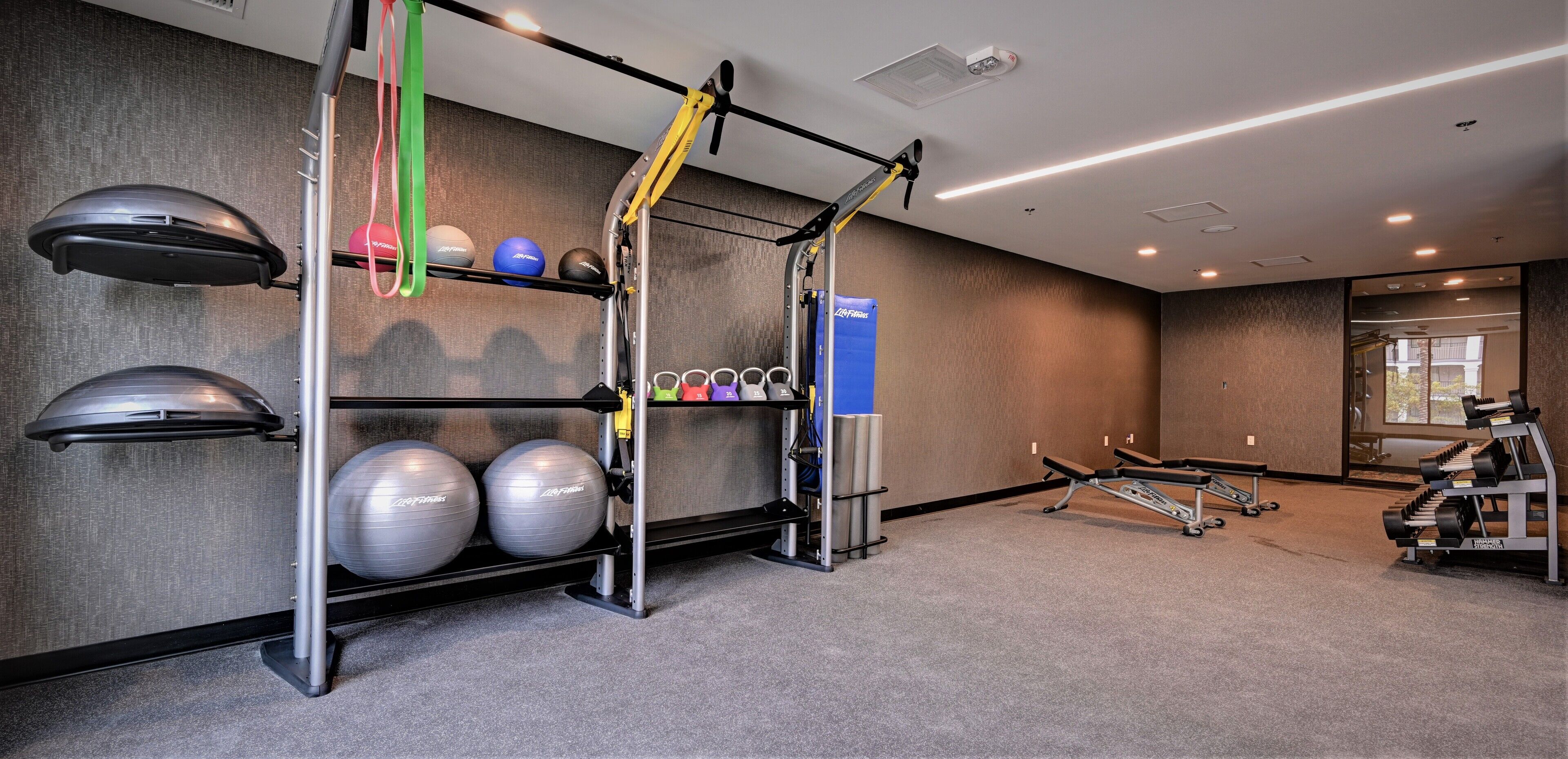 Una palestra con attrezzature per esercizi, tra cui una barra per trazioni, palle da ginnastica e manubri.