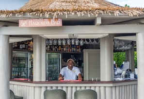 A bar area with a sign reading "Harold's Bar," shelves stocked with bottles, and a counter with bar tools.