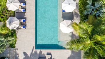 Vista aérea de una piscina rectangular con sillas de descanso y sombrillas dispuestas a su alrededor.