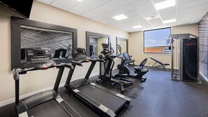 Ein Fitnessraum mit Laufbändern, Crosstrainern und einer Gewichtshalterung.
