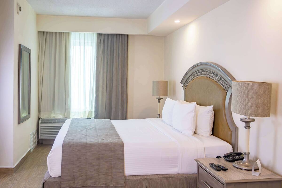 A hotel room with a large bed, a bedside table with a lamp, a phone, and a mirror.