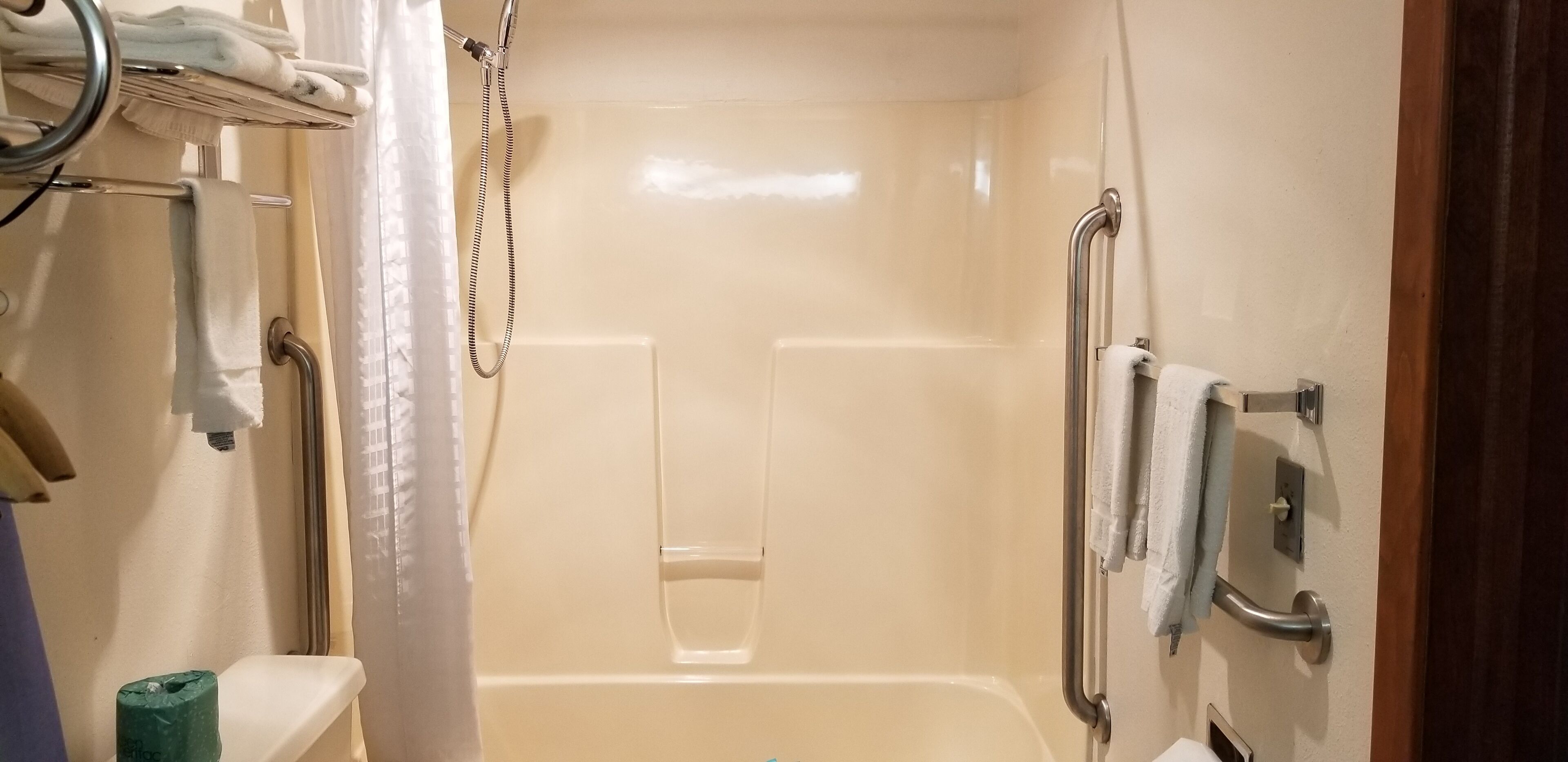 Zona de ducha con puerta de vidrio, toallero y barra de apoyo.
