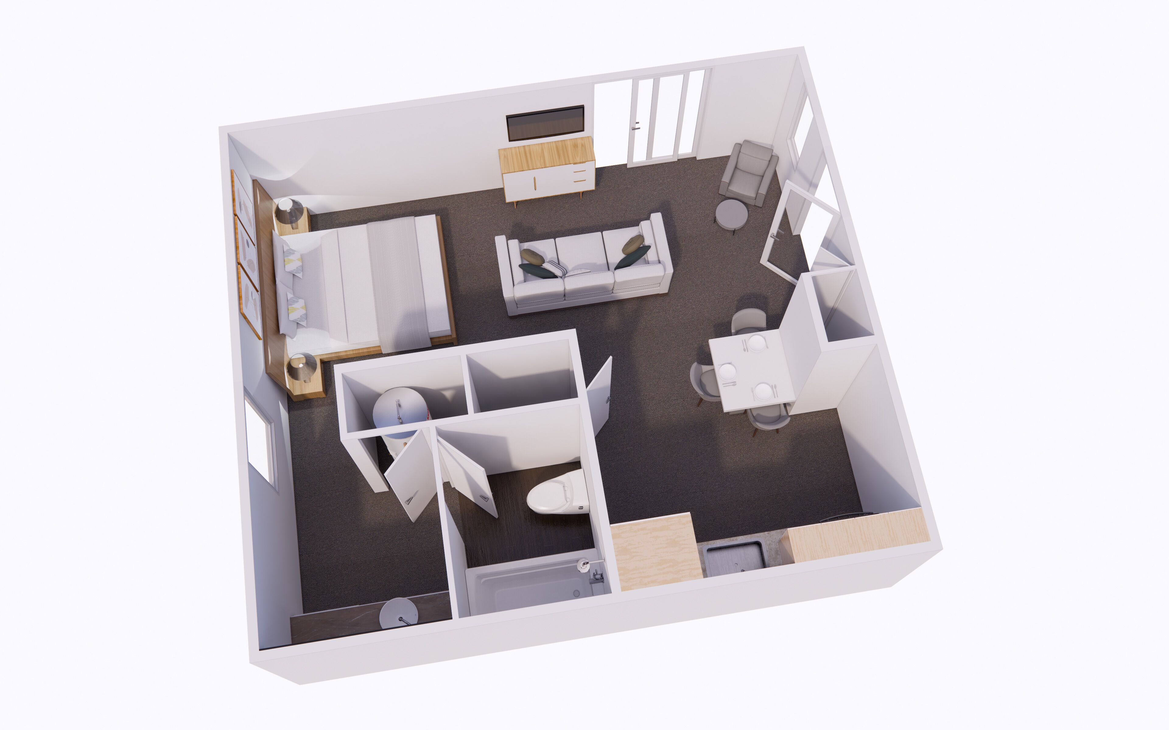Un modelo 3D de una habitación de hotel moderna con una cama, un sofá, una mesa de comedor y un baño.