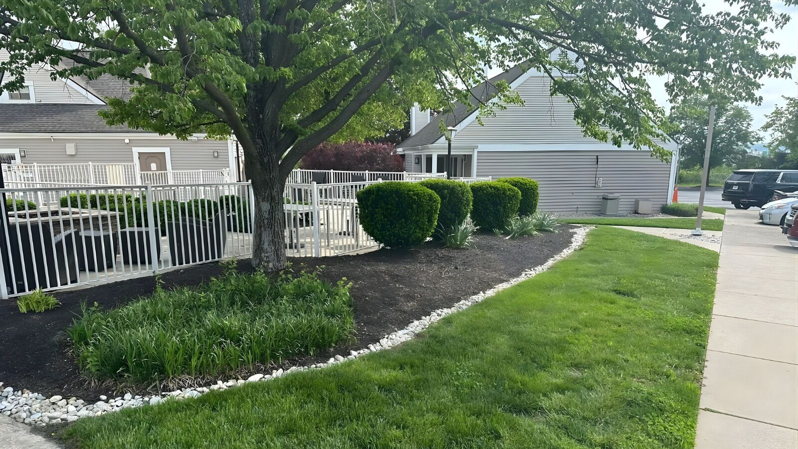 A residential area with a well-maintained lawn, a white fence, and a tree.