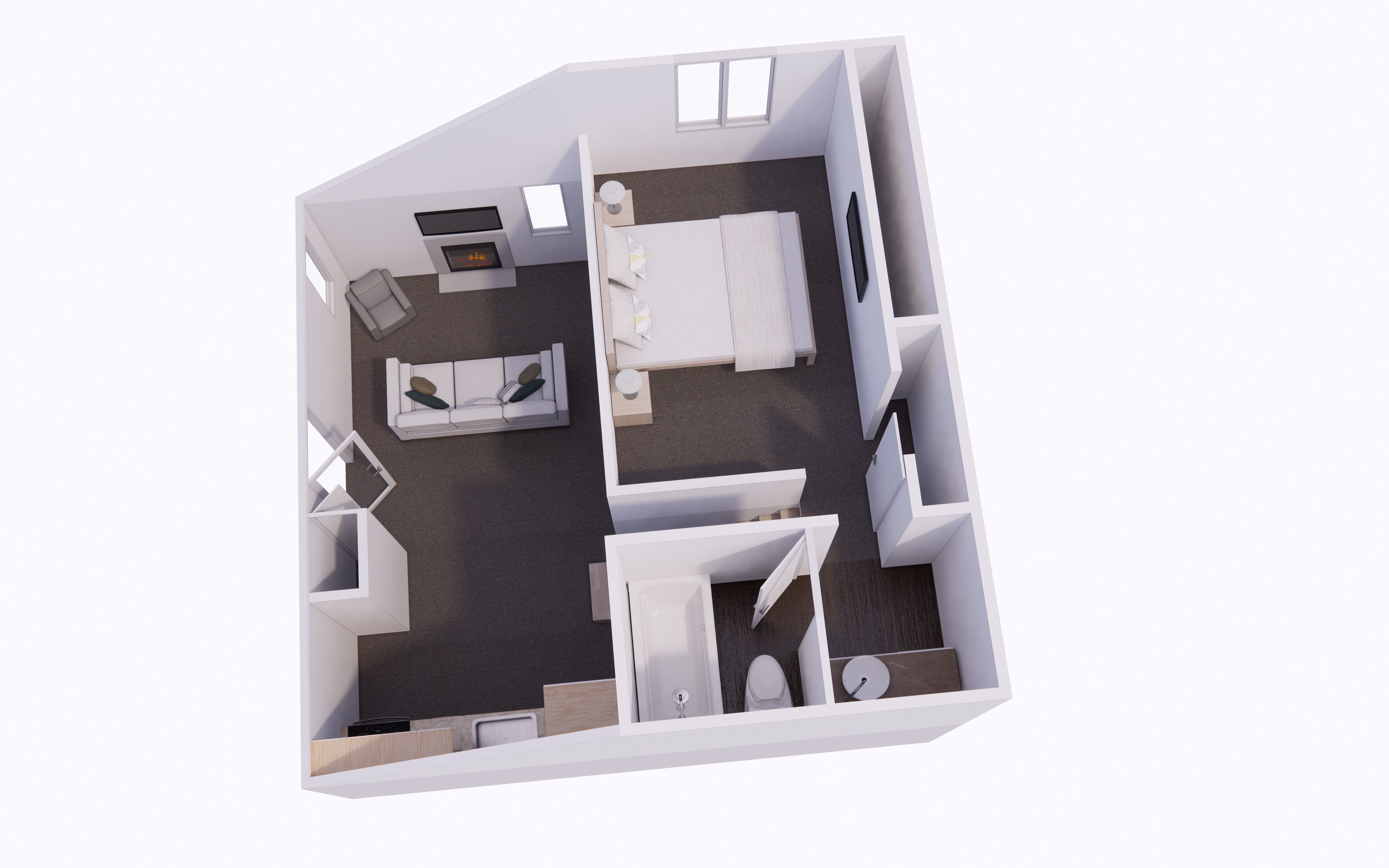 Une représentation en 3D d’une chambre d’hôtel comprenant un lit, un coin salon, une petite table, un téléviseur et une salle de bain.