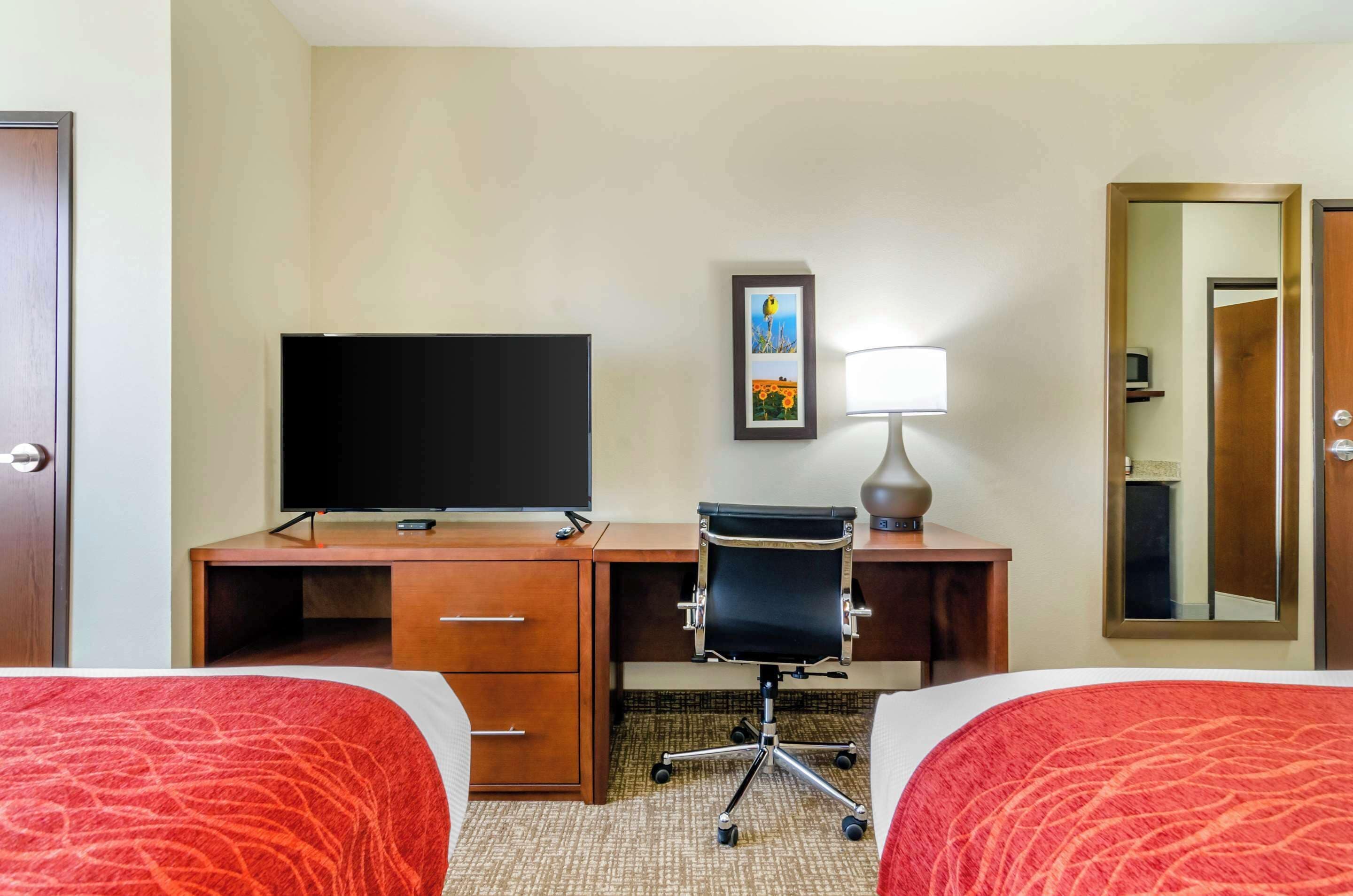 A hotel room with two beds, a desk with a TV, a chair, a lamp, and a framed picture on the wall.