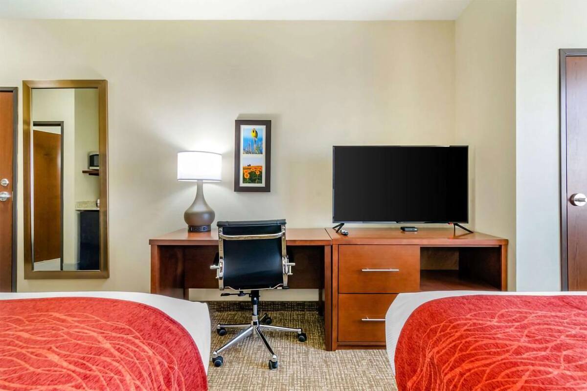 A hotel room with two beds, a desk with a chair, a television, a lamp, and a framed picture on the wall.