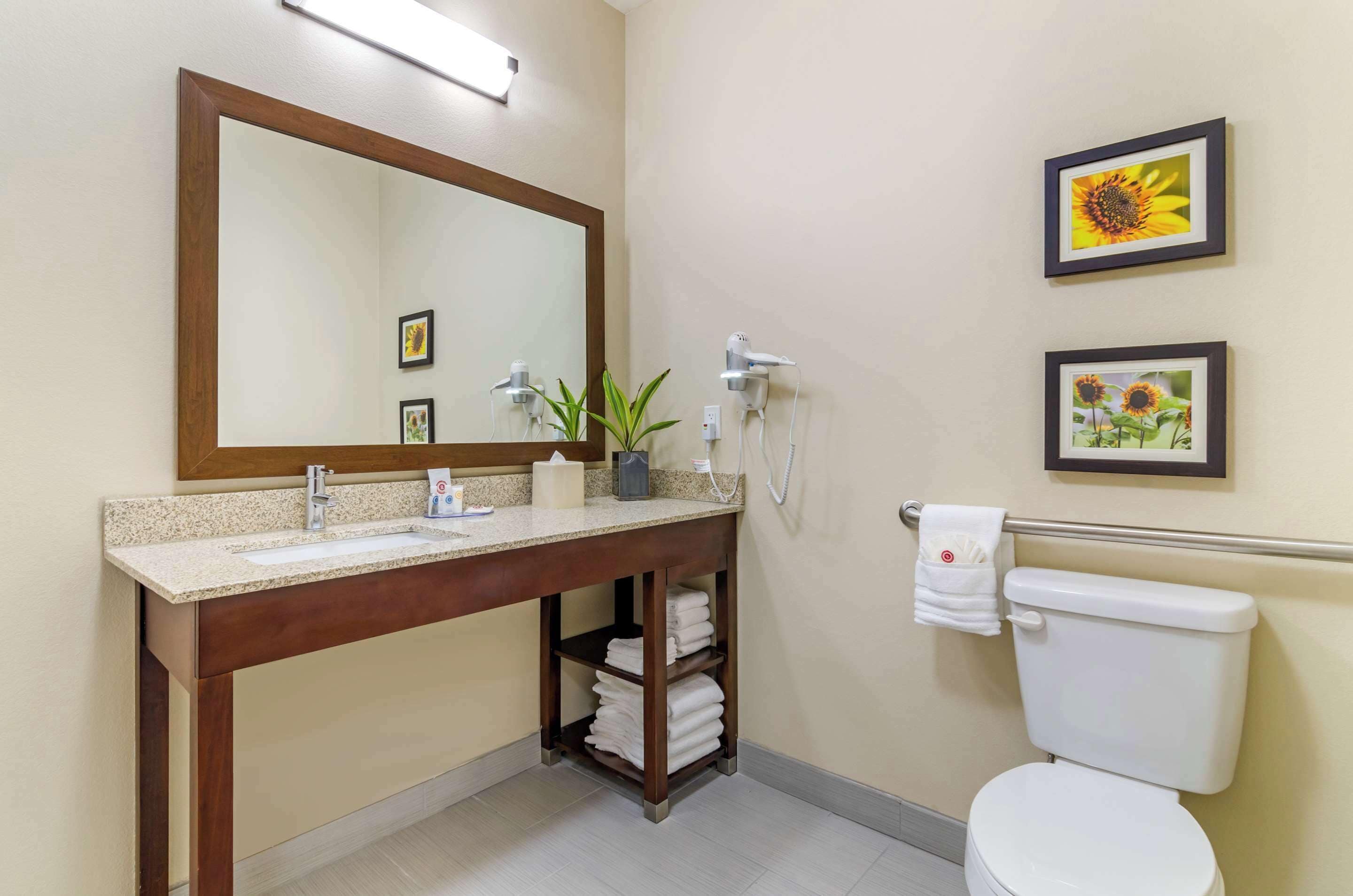 A bathroom with a wooden vanity, a sink, a mirror, a toilet, and two framed pictures of sunflowers on the wall.