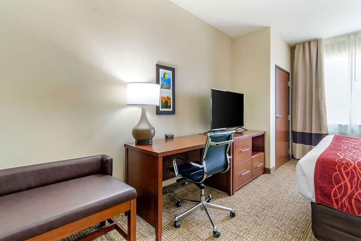 A hotel room with a desk, chair, television, bed, and a framed picture on the wall.