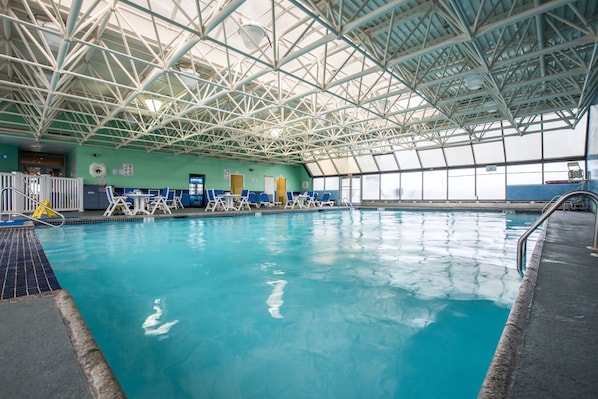 Indoor pool, open 9:00 AM to 9:00 PM, sun loungers