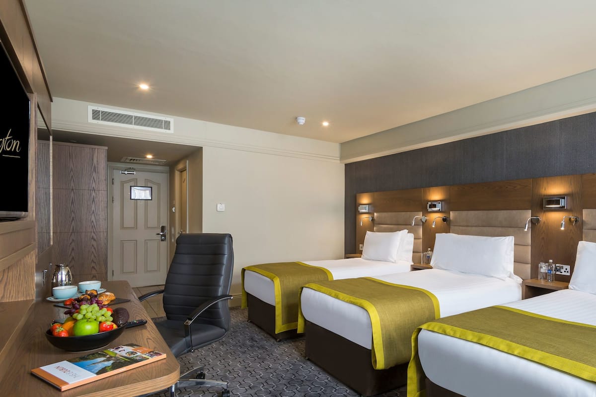 Ein Hotelzimmer mit zwei Betten, einem Schreibtisch mit einer Obstschale, einem Sessel und einem Fernseher.