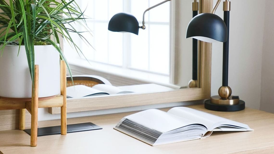 A desk with a plant, a lamp, and an open book.