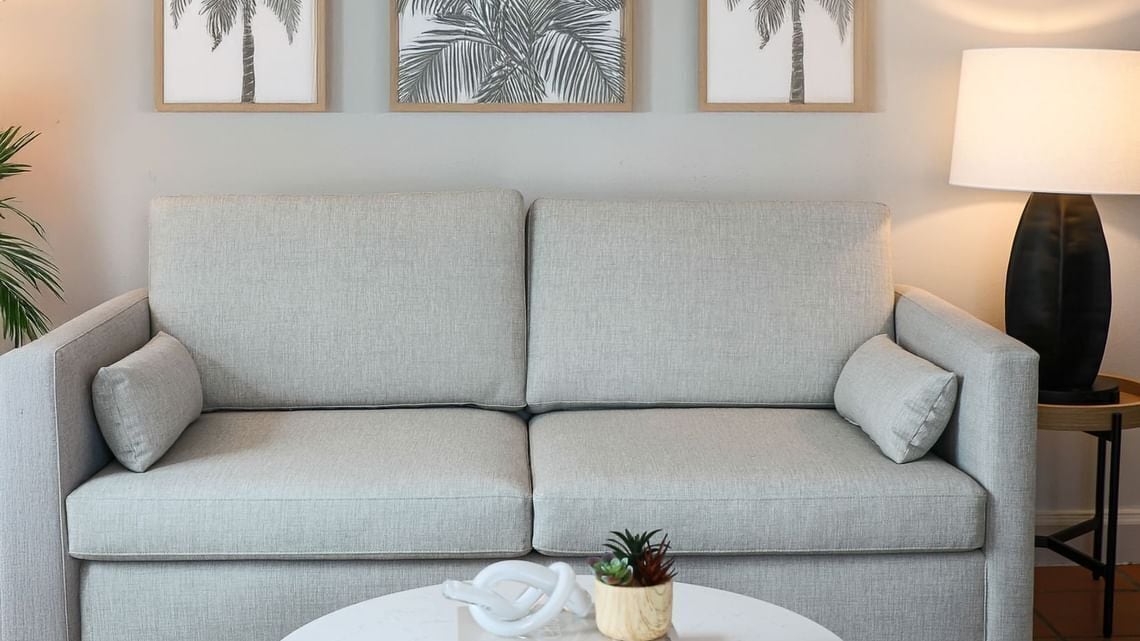 A light grey sofa with two cushions, a small round table with a plant, and a lamp on a side table.