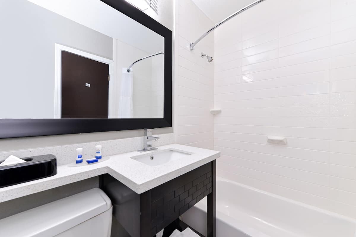 combined shower/bathtub, eco-friendly toiletries, hair dryer, towels