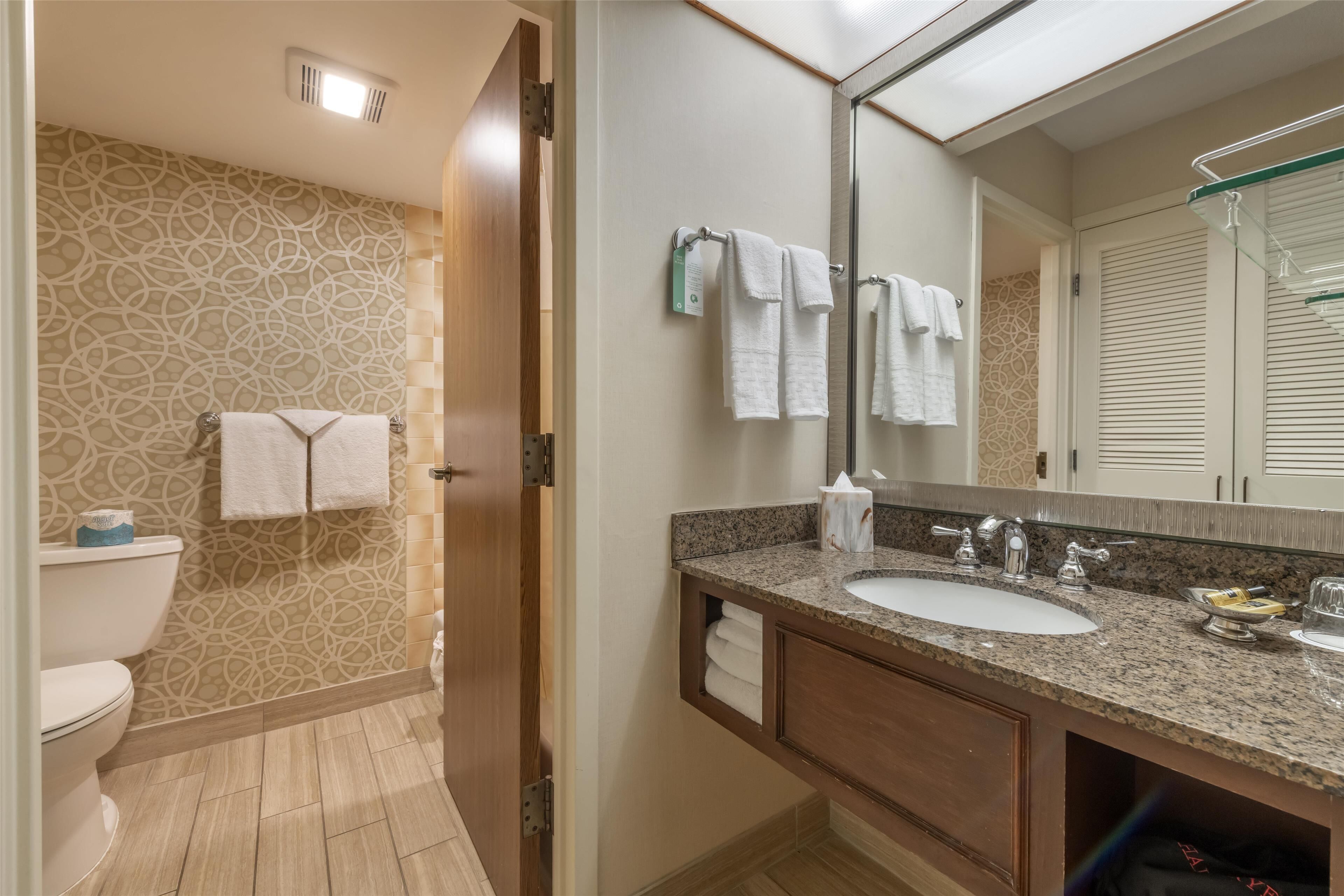 eco-friendly toiletries, hair dryer, towels, soap