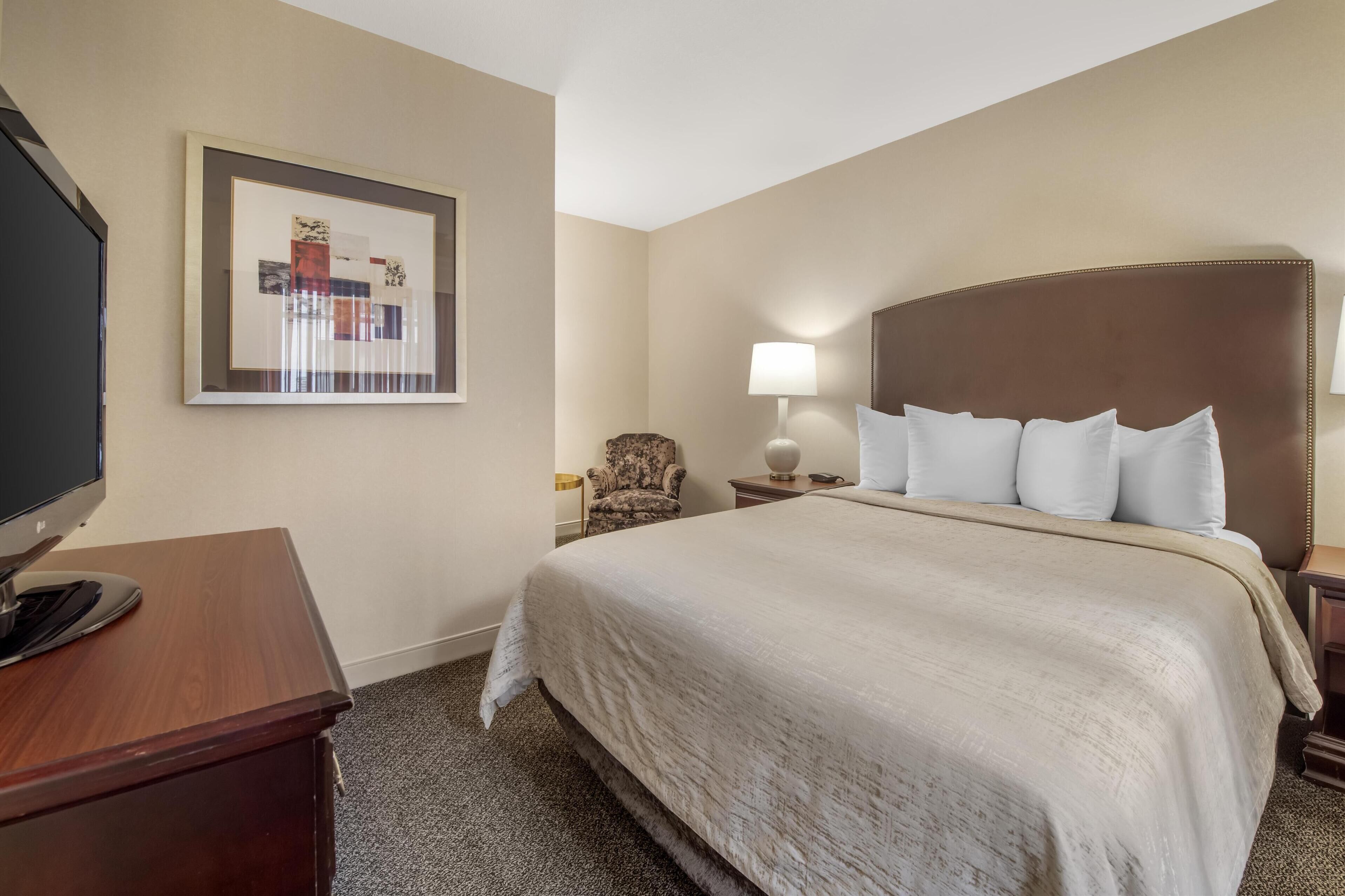 A hotel room with a large bed, a flat-screen TV on a wooden desk, a framed picture on the wall, and a lamp on the bedside table.