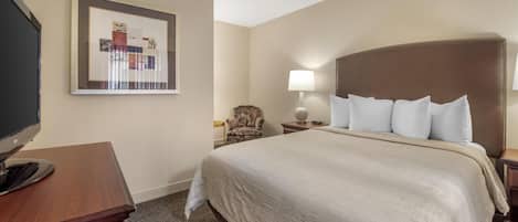 A hotel room with a large bed, a flat-screen TV on a wooden desk, a framed picture on the wall, and a lamp on the bedside table.