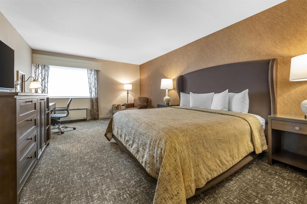 A hotel room with a large bed, a desk with a chair, a TV, and two bedside lamps.