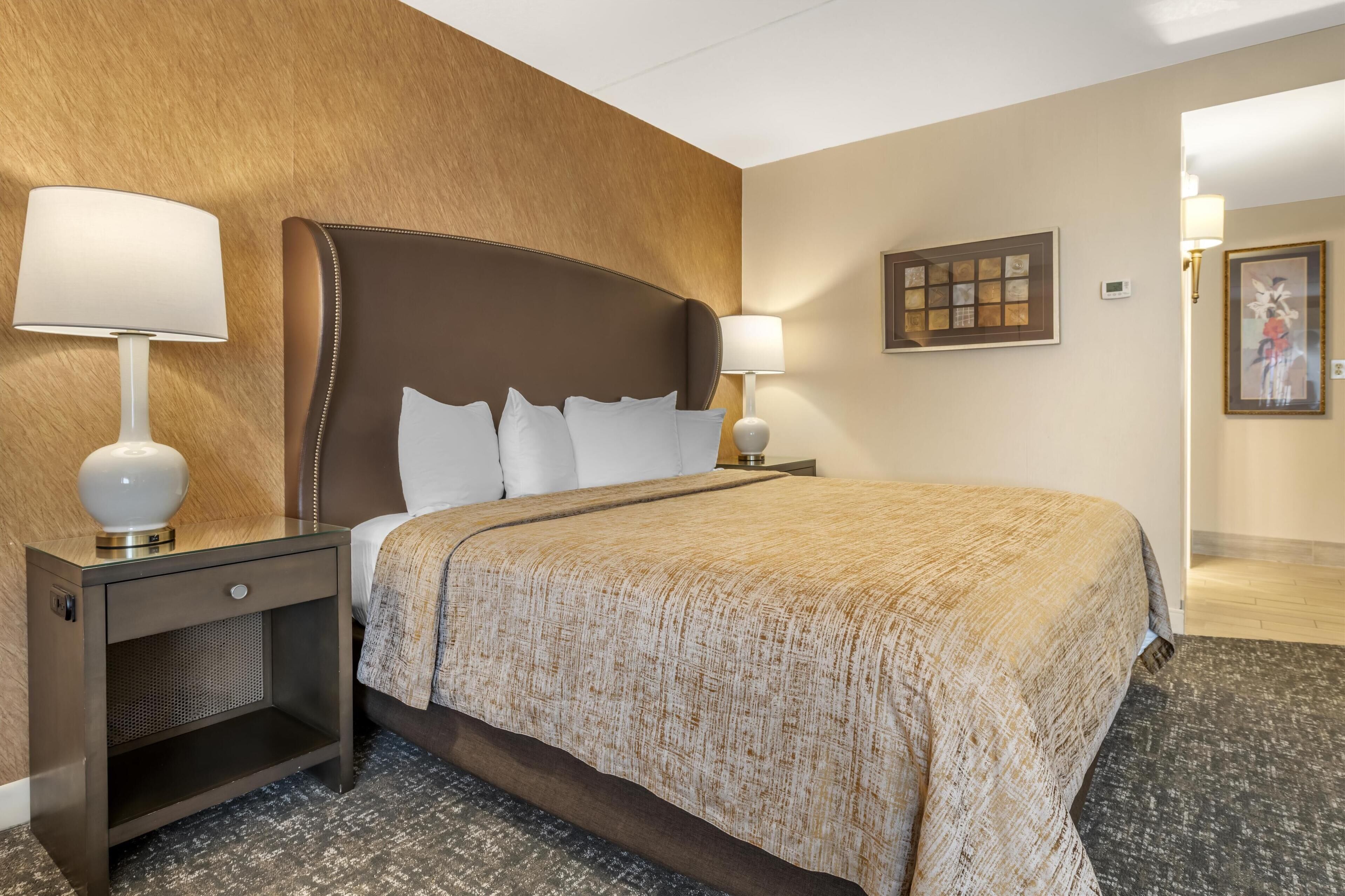 A hotel room with a large bed, two bedside tables with lamps, a wall-mounted artwork, and a carpeted floor.