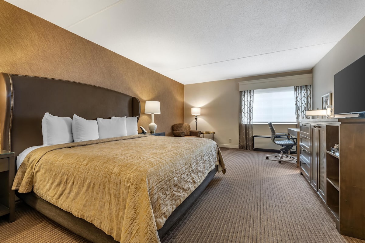 A hotel room with a large bed, a desk, a chair, a TV, and a window with curtains.