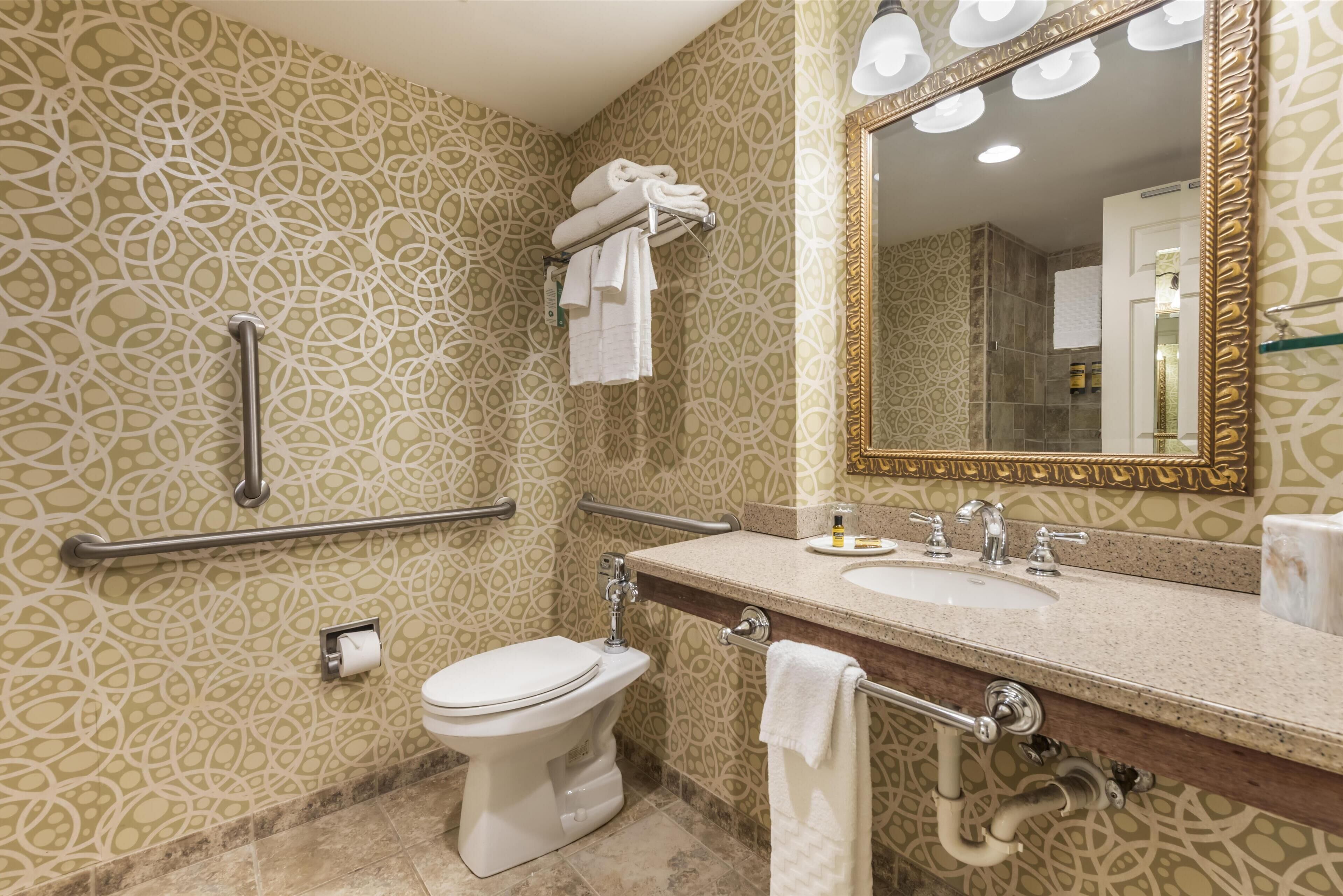 Un bany amb parets amb un disseny decoratiu, un vàter, un lavabo amb mirall i un suport per a tovallons.