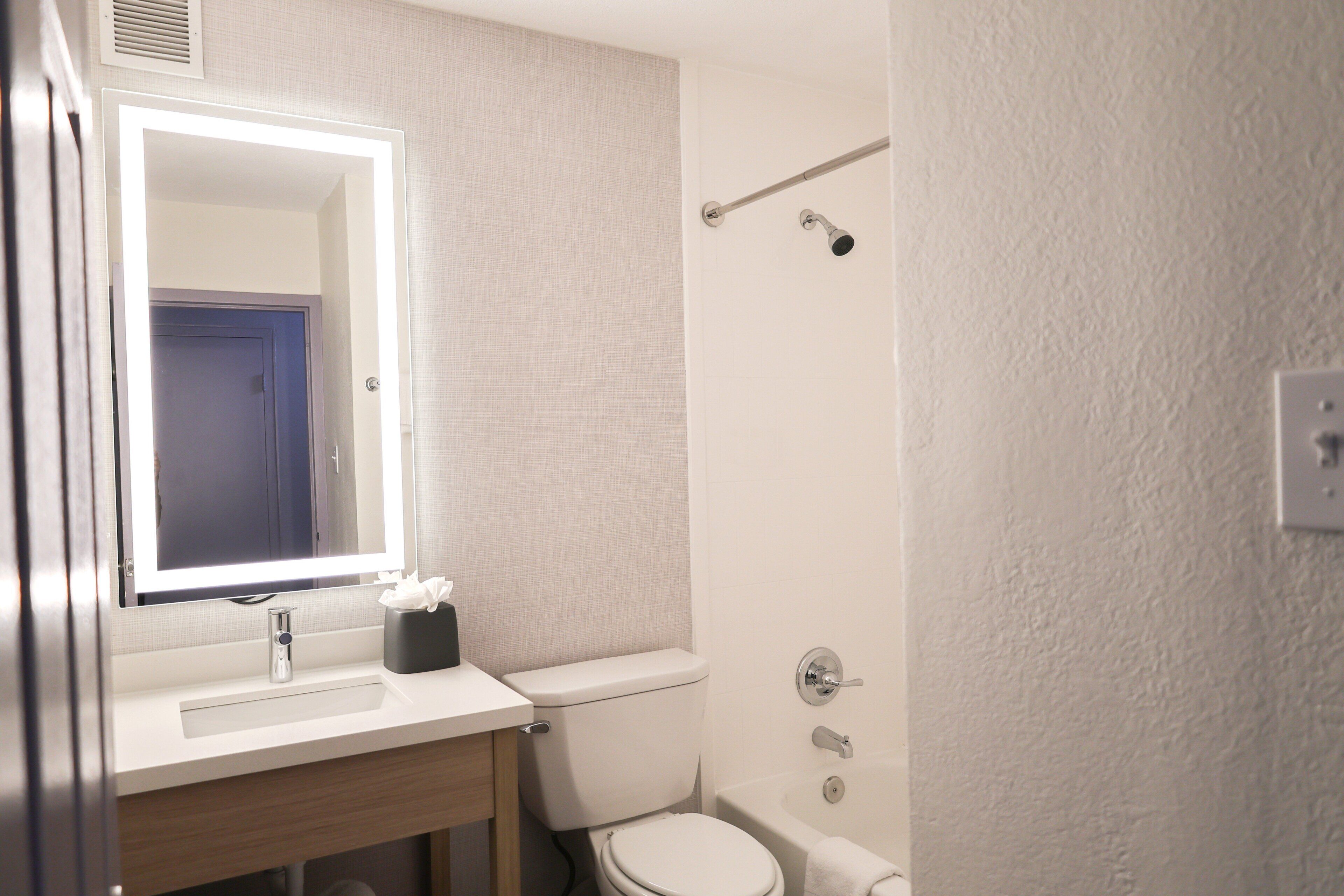 A bathroom with a mirror, sink, toilet, and shower.