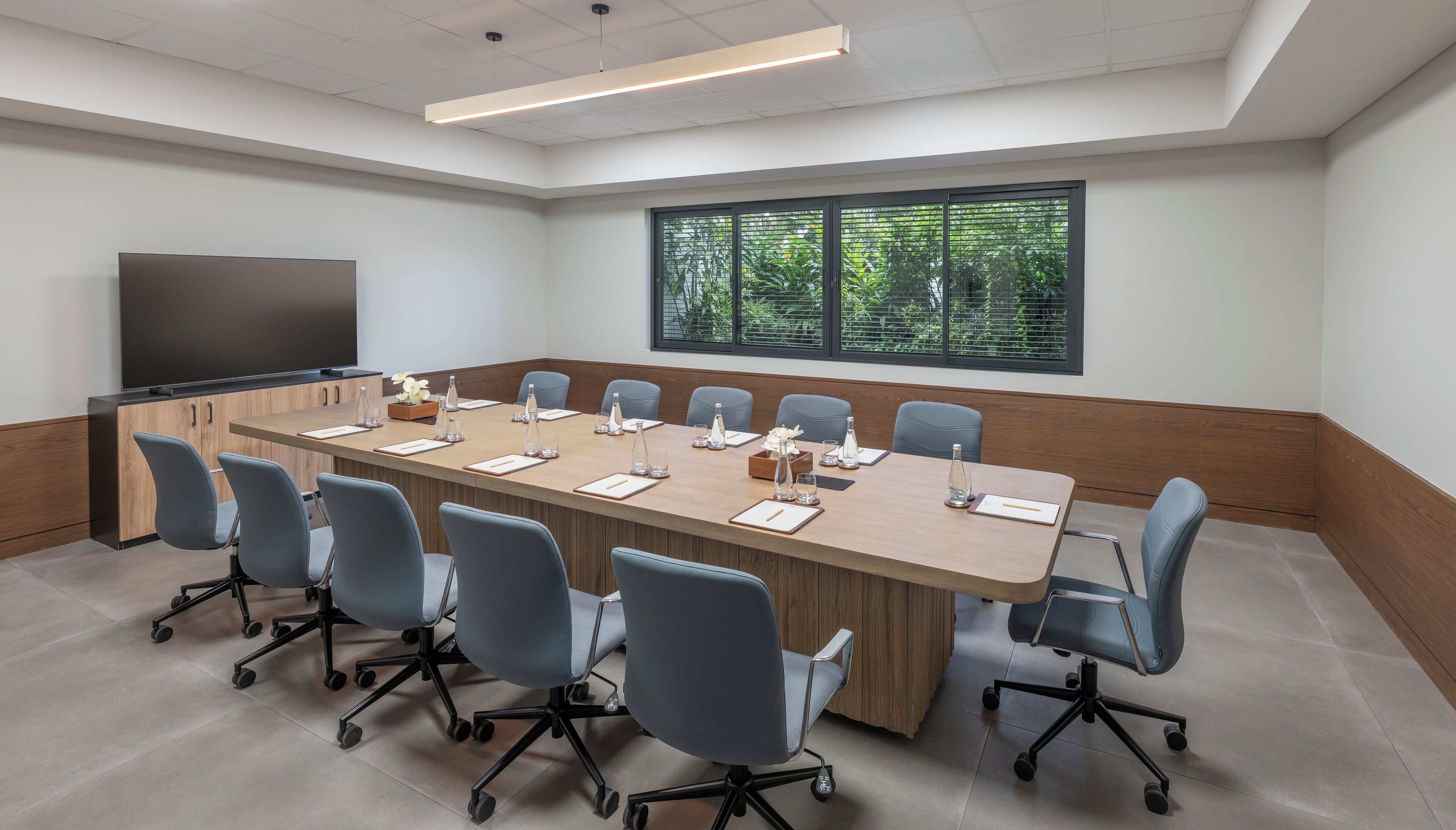 A conference room with a long table, chairs, a TV, and a window with a view of greenery.