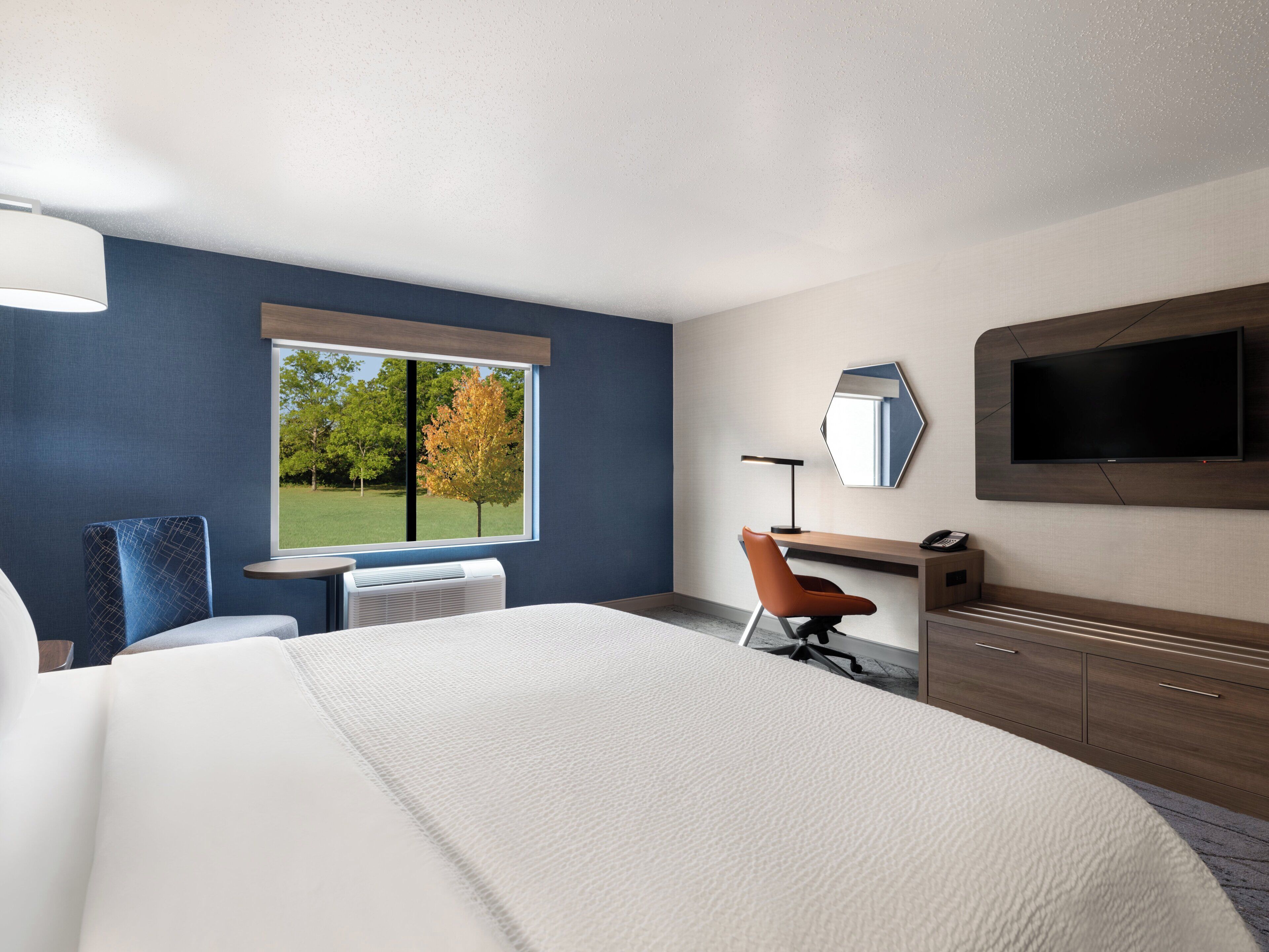 Une chambre d’hôtel avec un grand lit, un bureau avec une chaise, un téléviseur fixé au mur et une fenêtre donnant sur la verdure.