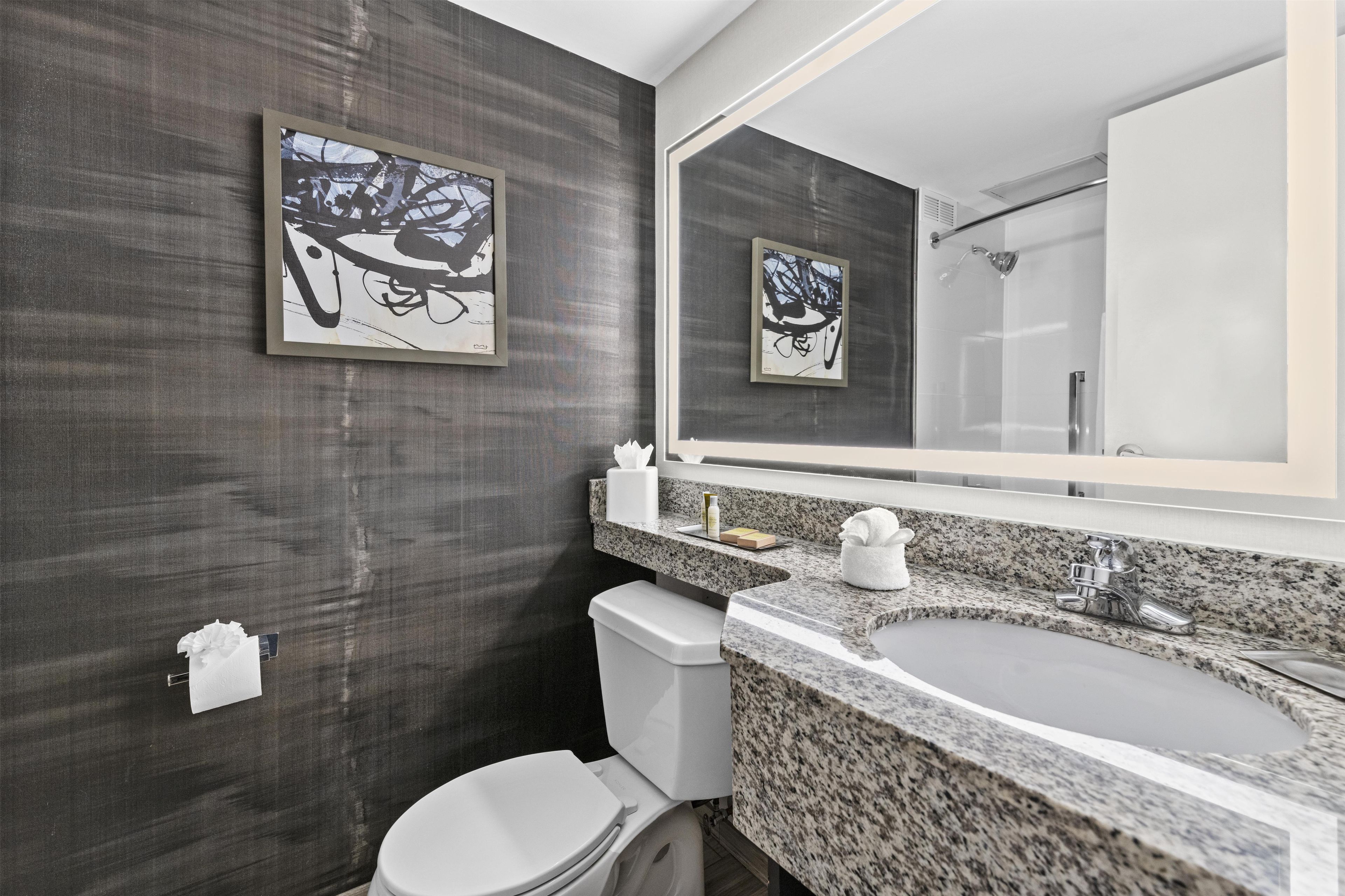 A modern bathroom with a large mirror, a granite countertop, and a toilet.