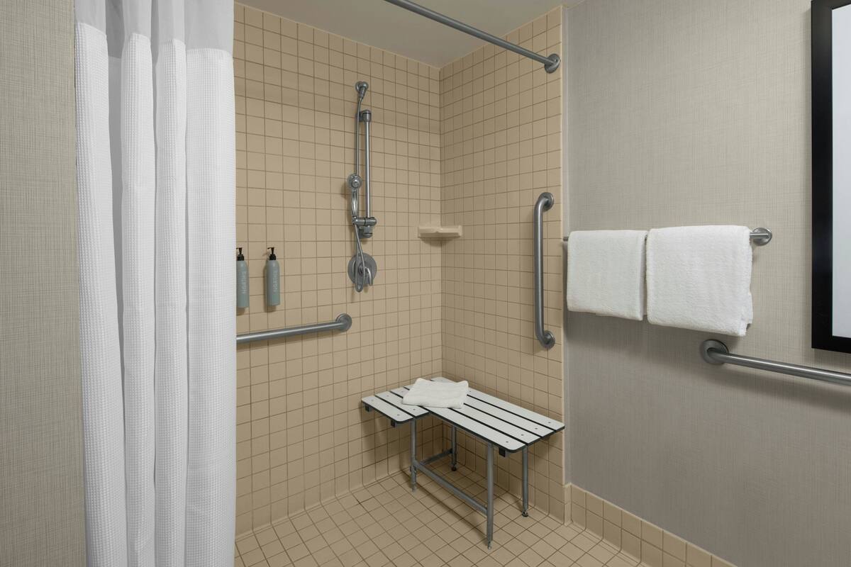 combined shower/bathtub, free toiletries, hair dryer, towels