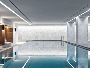 Indoor pool, seasonal outdoor pool, pool umbrellas, sun loungers